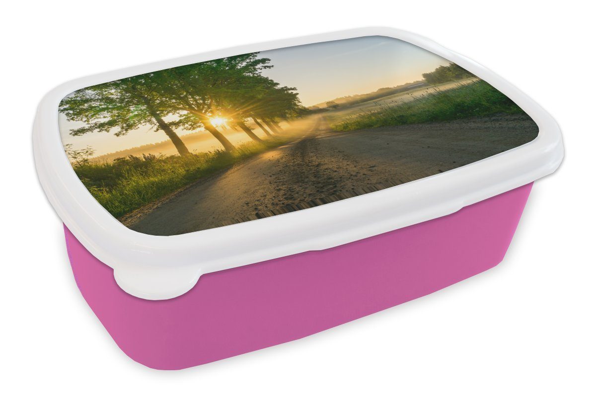 durch Kunststoff (2-tlg), Mädchen, Erwachsene, Bäume, Brotbox Lunchbox Brotdose Kinder, MuchoWow Sonnenaufgang für Snackbox, die rosa Kunststoff,