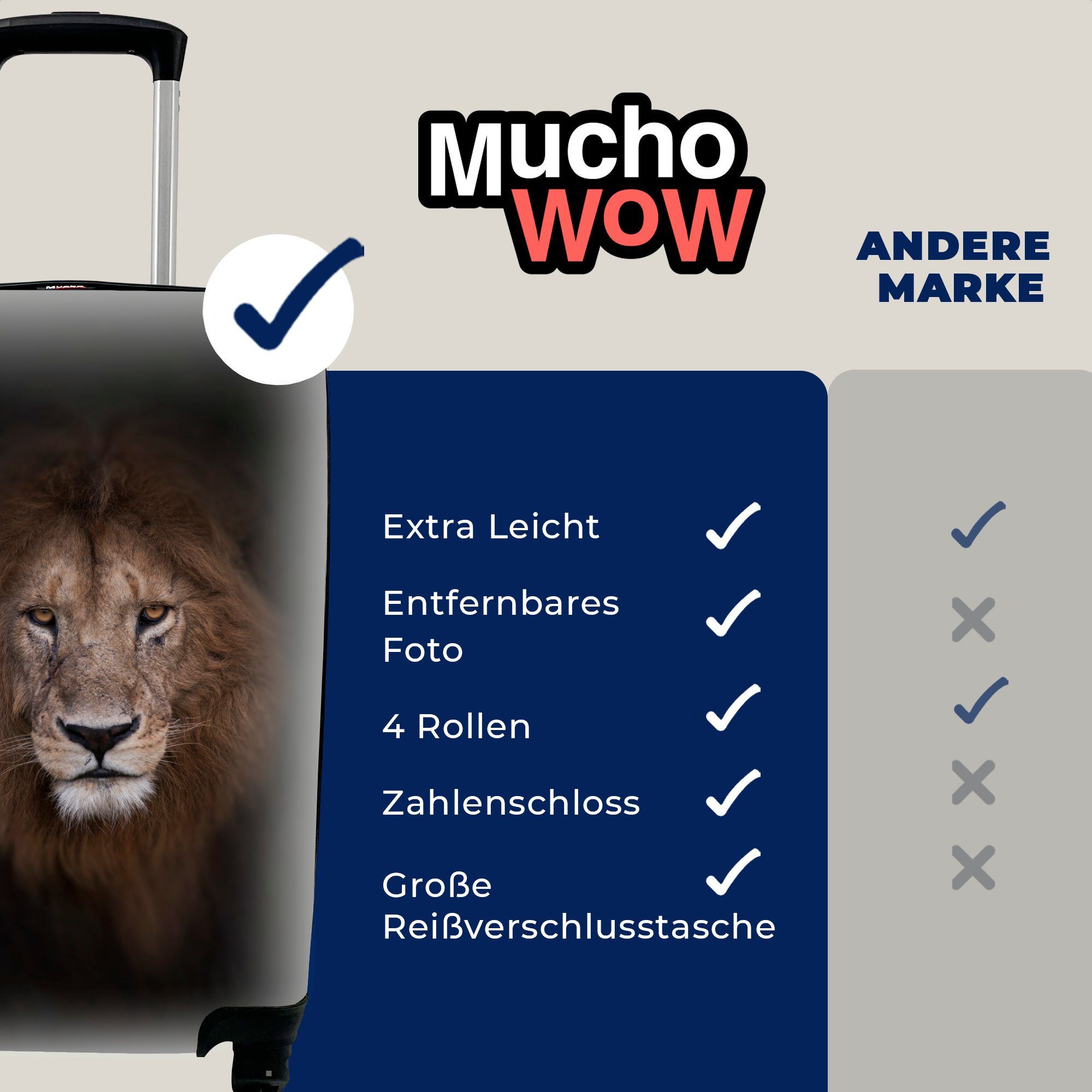 MuchoWow Handgepäckkoffer Löwe Reisetasche Wild, Reisekoffer Handgepäck mit - Trolley, 4 Rollen, - für Ferien, rollen, Schatten