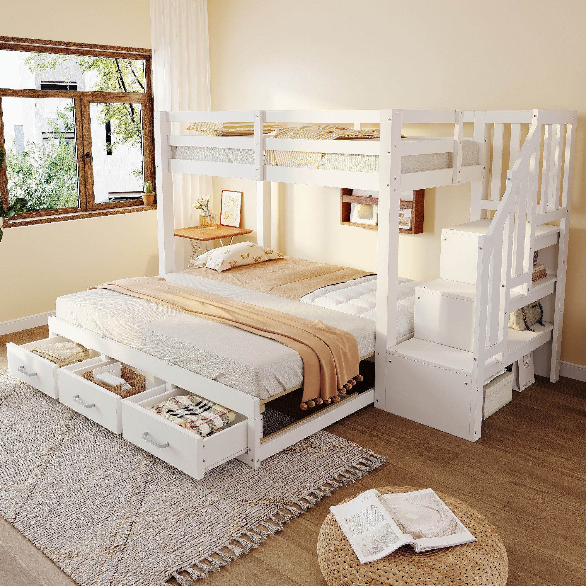 Flieks Etagenbett Oberbett 90x200cm Unterbett 90/180x190cm, Kinderbett mit Stauraumtreppe Schubladen Ausziehbett 90x190cm