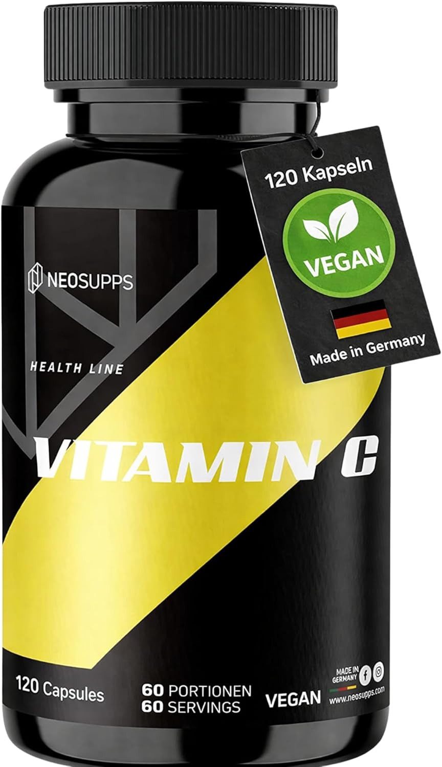Neosupps Vitamin C hochdosiert,120 Kapseln, Vegan, 1000 mg pro Tagesdosis Kapseln, Antioxidans, Zellschutz, unterstützt Eisenaufnahme & Kollagenbildung