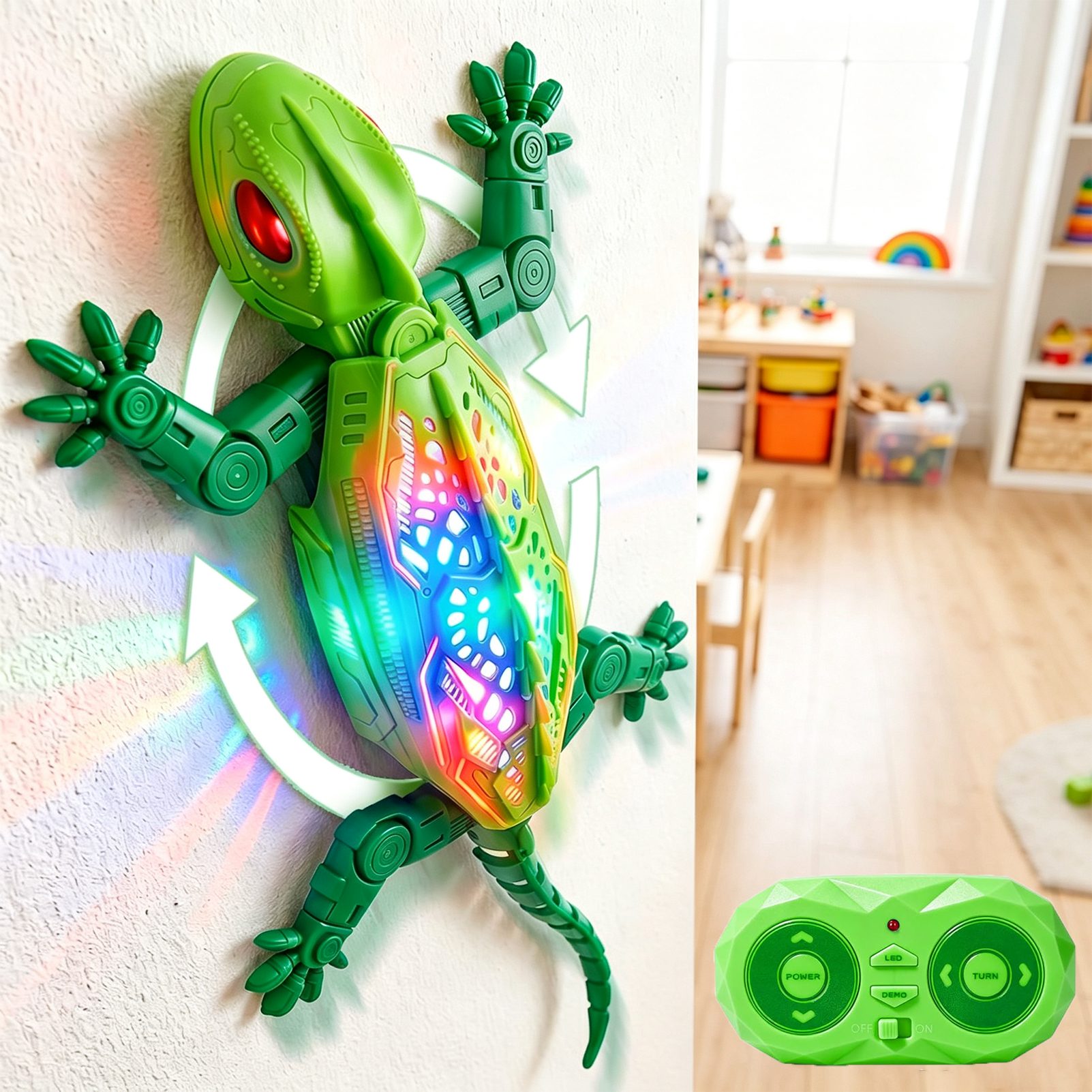 Esun RC-Tier Gecko Wandflitzer, Ferngesteuerte Eidechse Wand Klettern mit LED (Set, Komplettset), Kann an Wänden und Decken hochkriechen, ab 3 jahre