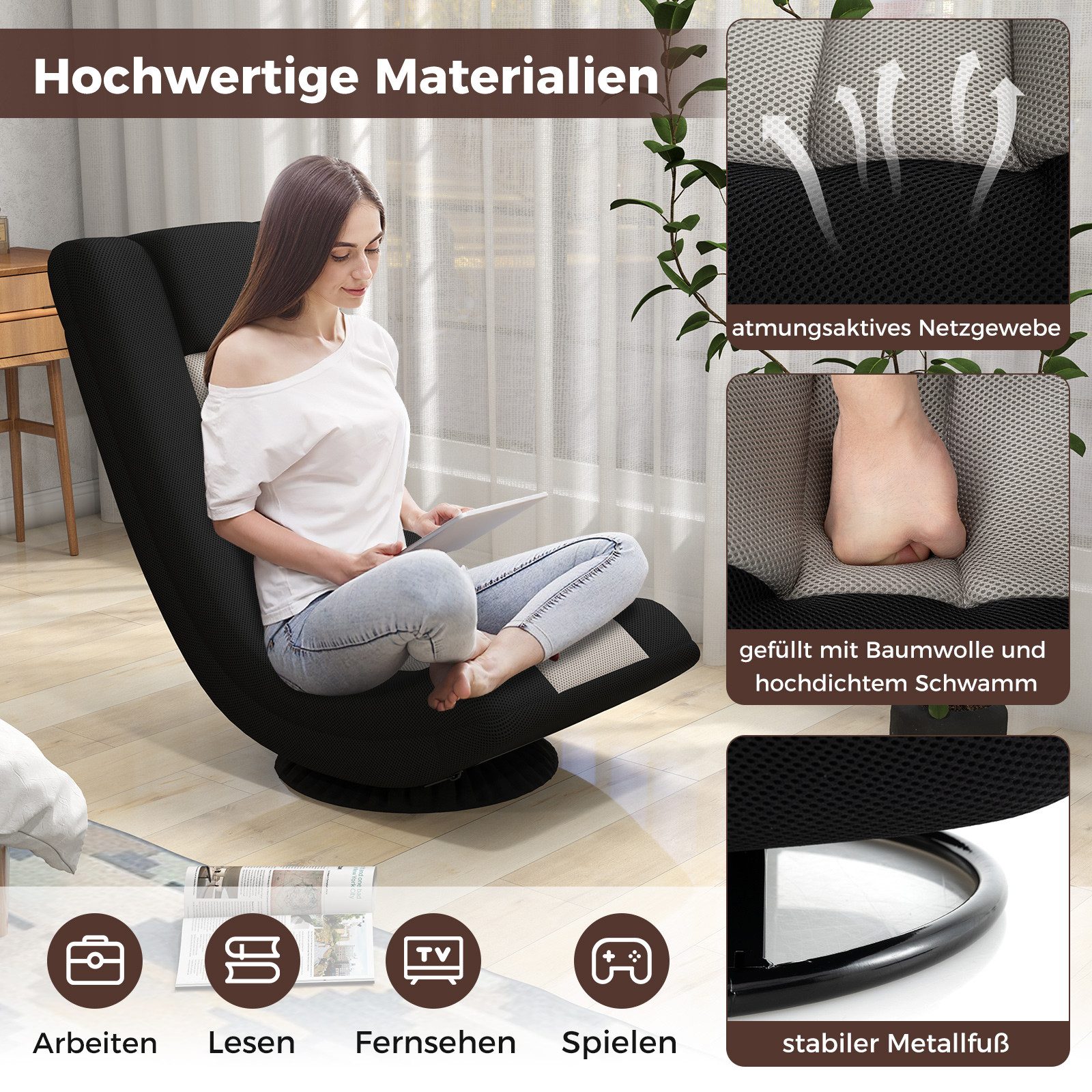 COSTWAY Relaxsessel, Bodenstuhl 360° drehbar, klappbar, verstellbar