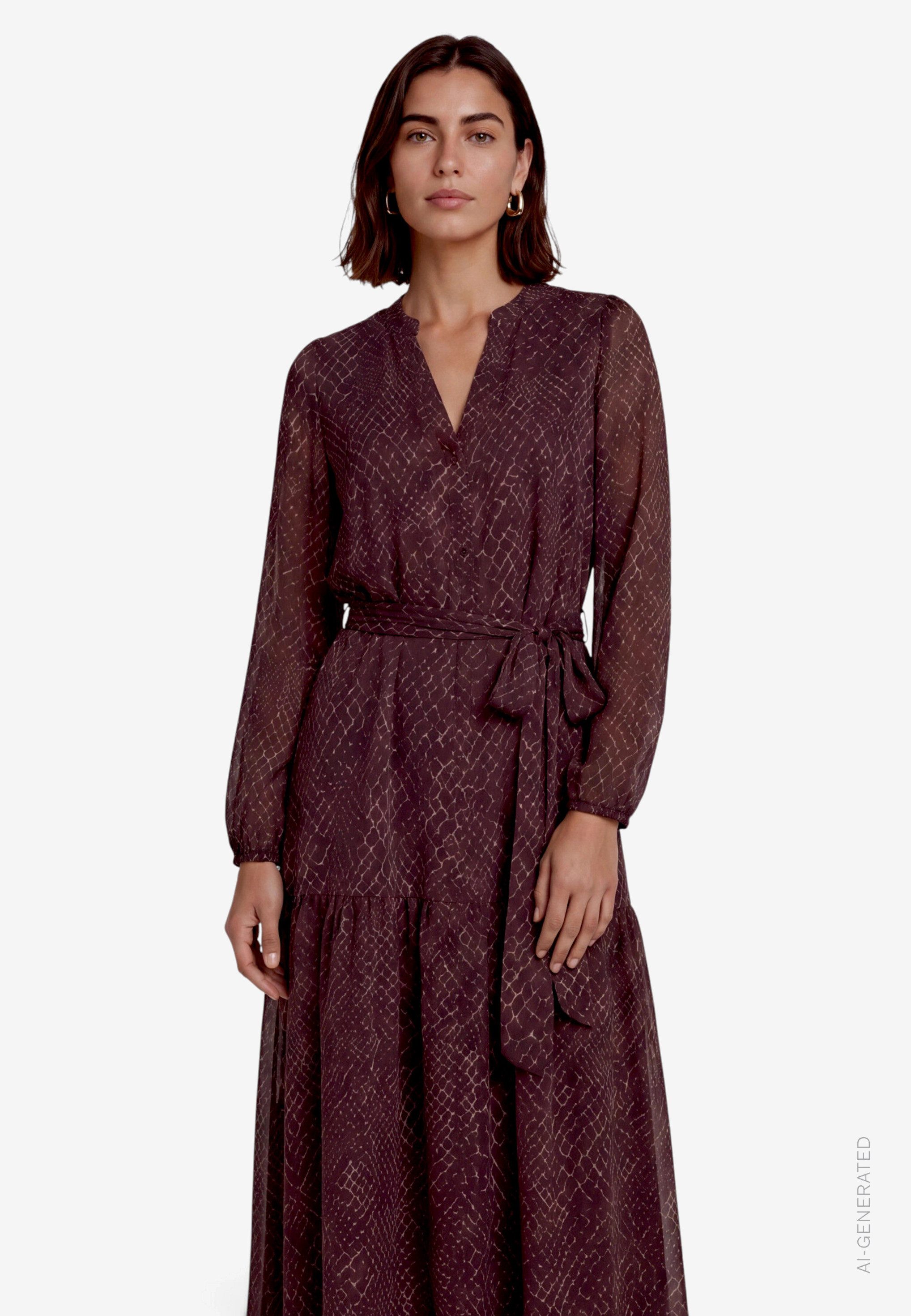 Zero Maxikleid in Allover-Optik / Tunika-Kragen mit Bindeband