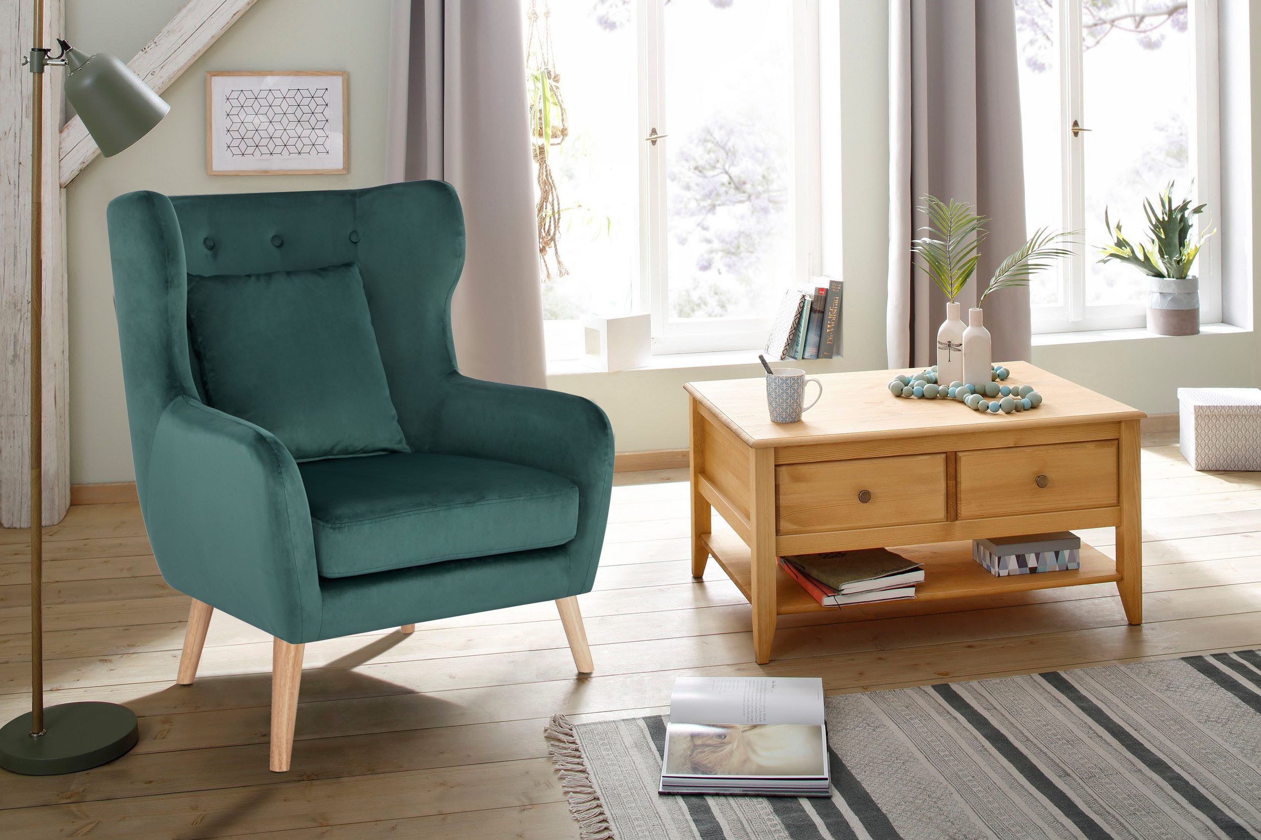 Home affaire Ohrensessel Yamuna, mit Sitzpolsterung, Gestell und Füße aus Massivholz, Sitzhöhe 47 cm