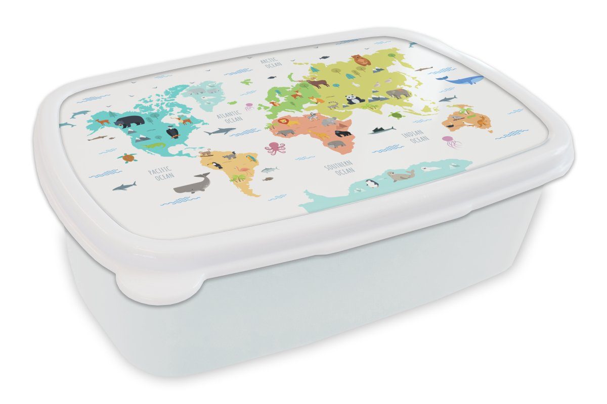 MuchoWow Lunchbox Weltkarte - Tiere - Kinder, Kunststoff, (2-tlg), Brotbox für Kinder und Erwachsene, Brotdose, für Jungs und Mädchen weiß
