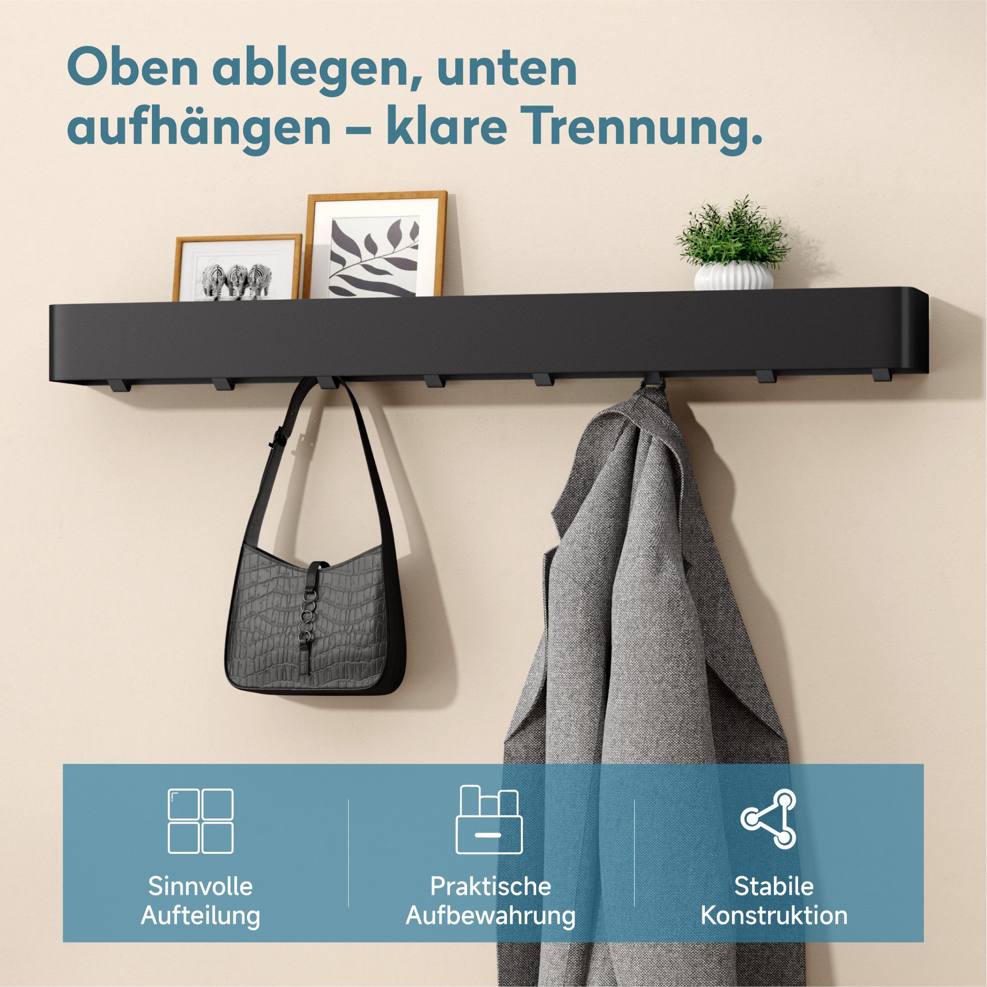 doporro Garderobenleiste Wandgarderobe Hakenleiste mit Ablage aus Kohlenstoffstahl Reglo-05 (4 St), Kombination aus Ablagefläche und unteren Haken – Bild 2 von 5
