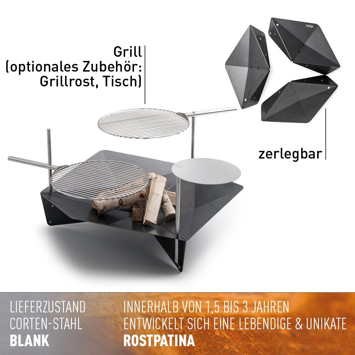 höfats Feuerschale TRIPLE, (Feuerstelle und Grill, für Terrasse und Garten, Corten-Stahl mit Rost-Optik), Ø 65 cm, Höhe: 17 cm