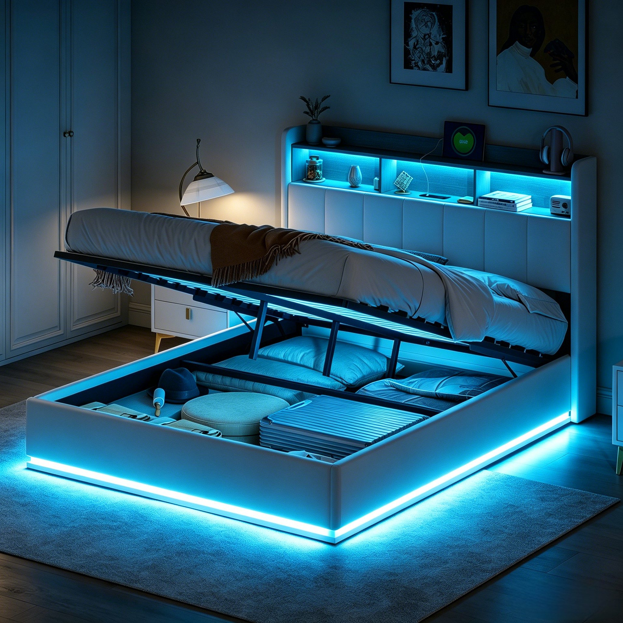 Simurq Polsterbett Stauraumbett 140x200 cm mit Bettkasten,LED,USB,Lattenrost,Samt (Jugendbett Bettgestell,großem Bettkasten, ohne Matratze, Doppelbett mit LED-Beleuchtung,USB&Type-C,Staufach-Kopfteil), RGB-LED, USB/Type-C,hydraulischen Unterbett-Stauraum
