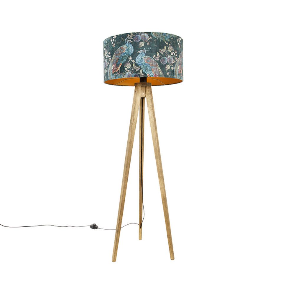 Qazqa Stehlampe Tripod_classic, ohne Leuchtmittel, Warmweiß, QAZQA Stehlampe, e27, Naturel, Holz, Landhaus