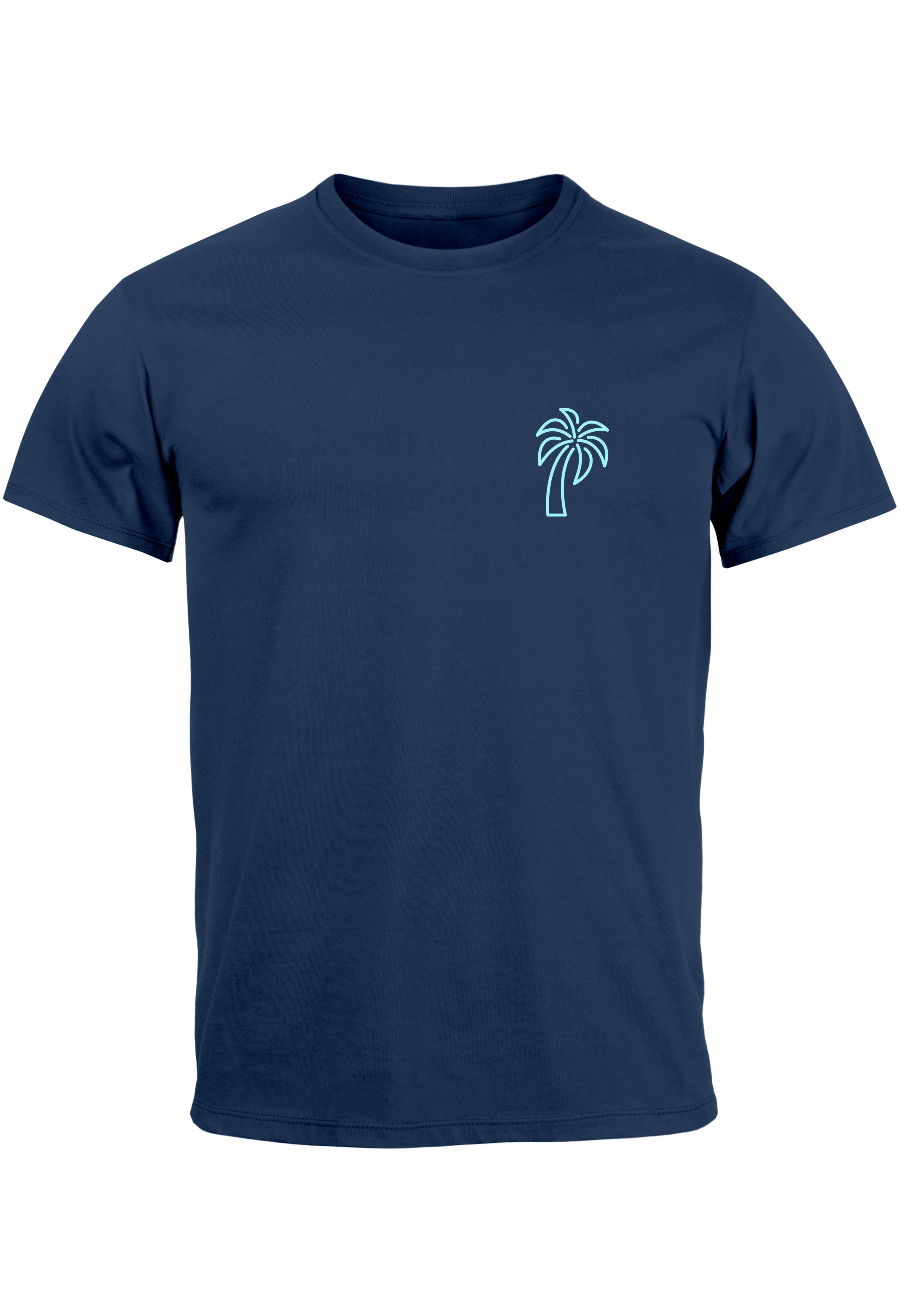 Neverless Print-Shirt Herren T-Shirt Palme Logo Print Sommer Badge Emblem Minimal Line Art F mit Print navy-blau