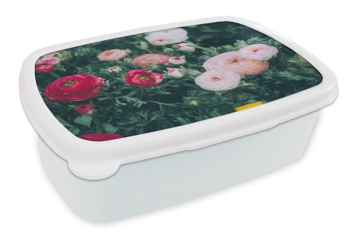 MuchoWow Lunchbox Blumen - Blätter - Rosa, Kunststoff, (2-tlg), Brotbox für Kinder und Erwachsene, Brotdose, für Jungs und Mädchen weiß