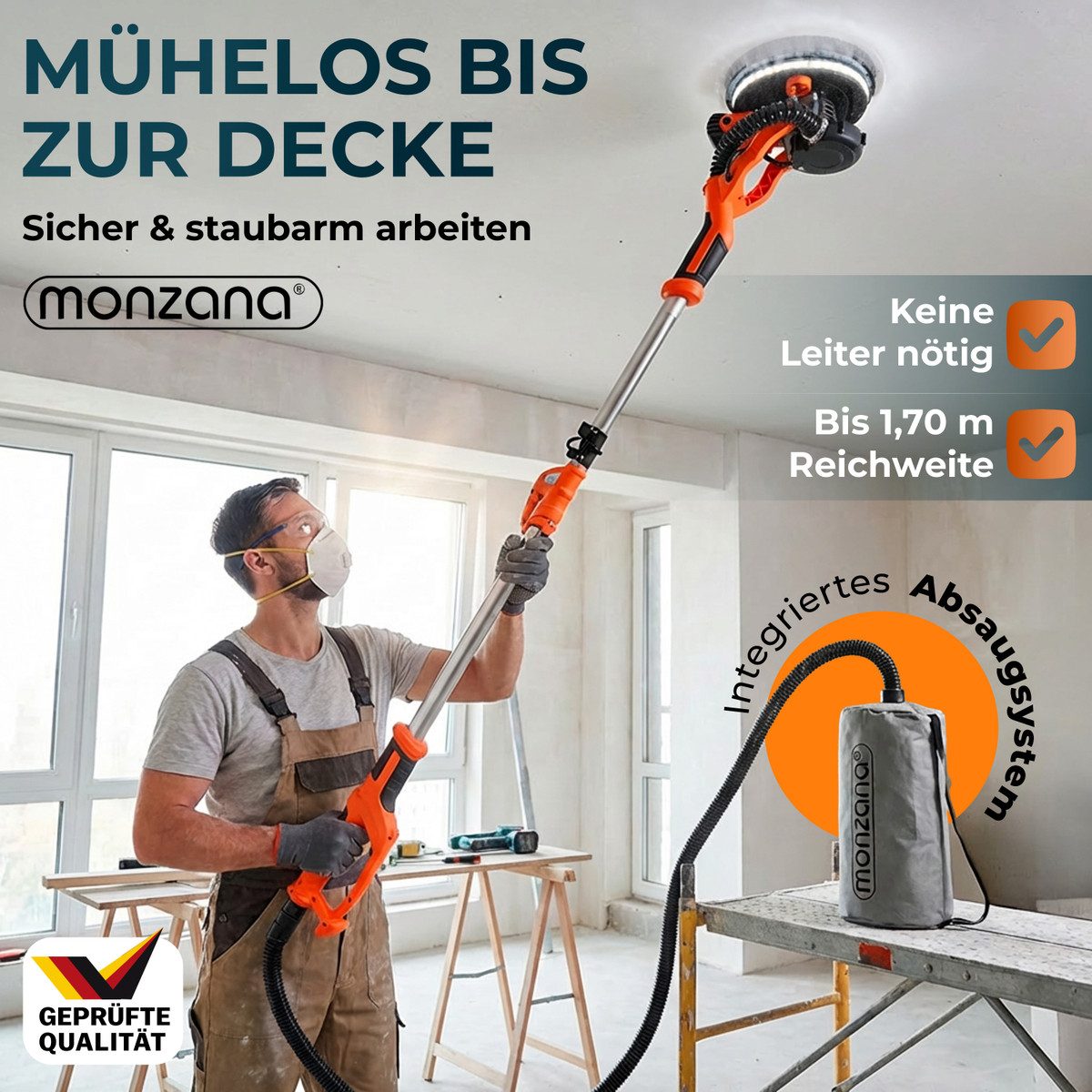 monzana Trockenbauschleifer, 750 Watt max 1750 U/min 12x Ø 225mm Schleifscheiben Deckenschleifer
