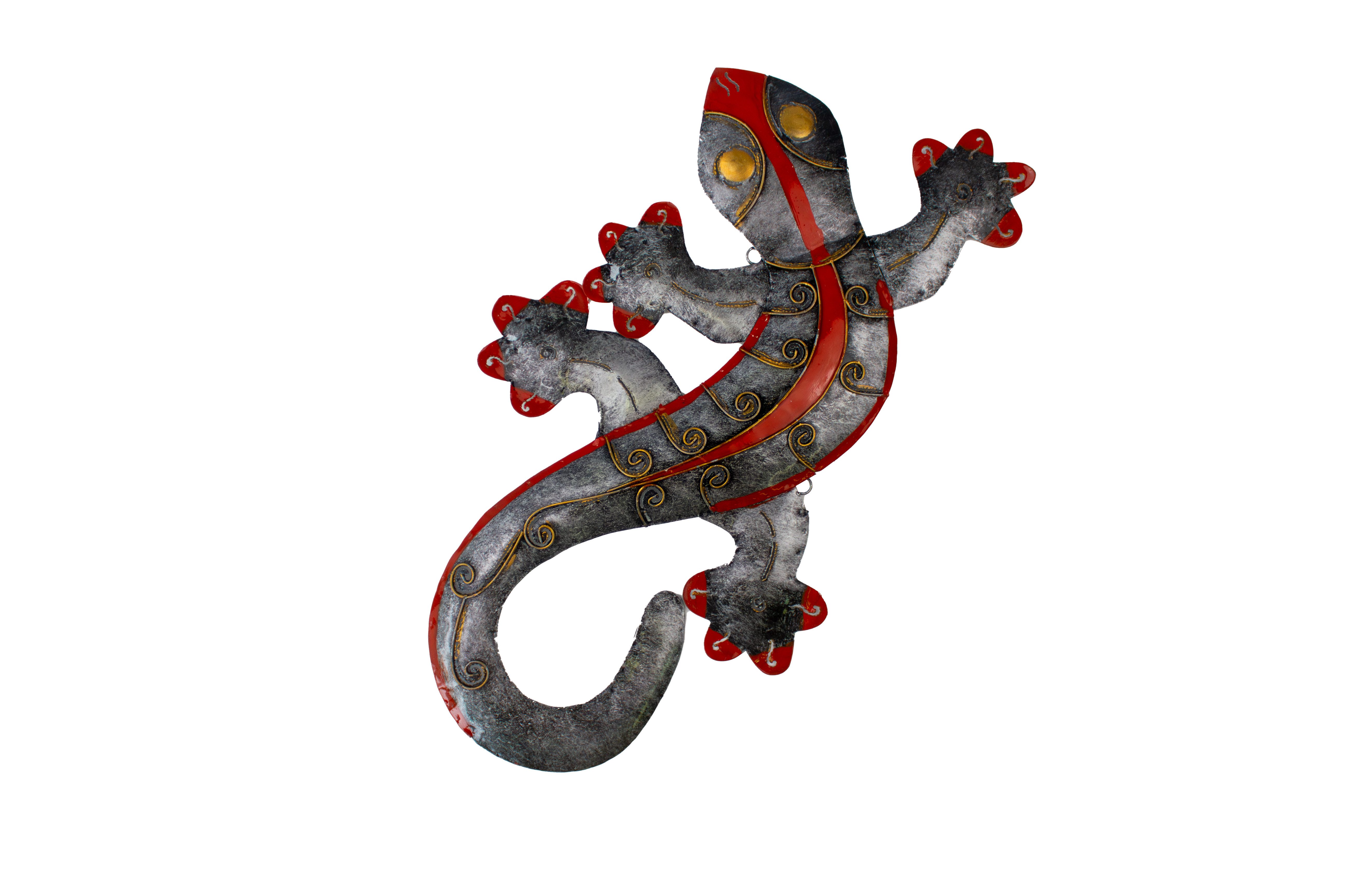 WORU Wanddekoobjekt Gecko aus Metall – handgefertigt, Grau-Rot, 50 oder 80 cm