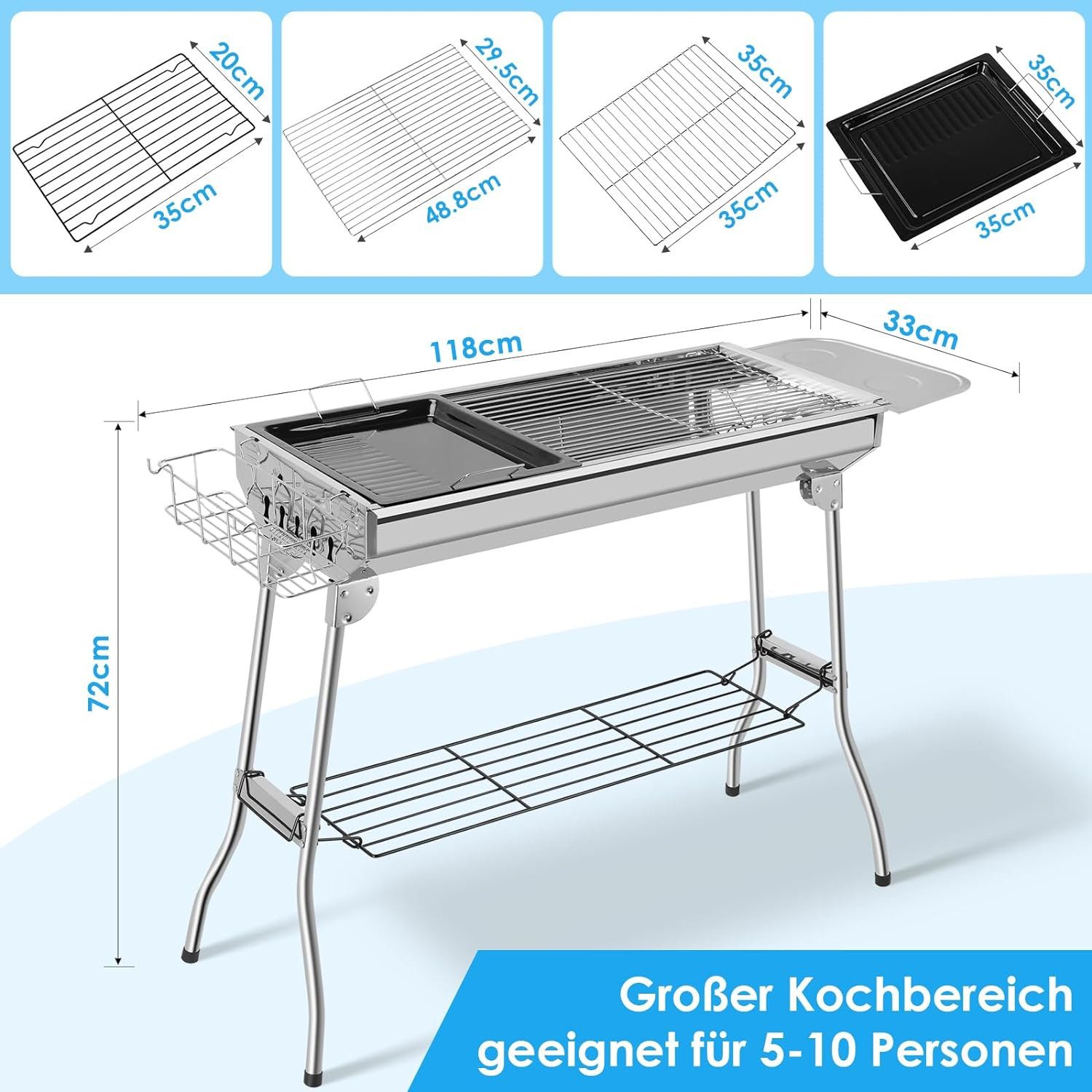 TLGREEN Holzkohlegrill XXL,118*33 *72cm, Klappgrill, BBQ Charcoal Grill, Grill mit Antihaft-Pfanne, Aufbewahrungskorb&Aufbewahrungsplatte, Campinggrill, Picknickgrill für 5-10 Personen