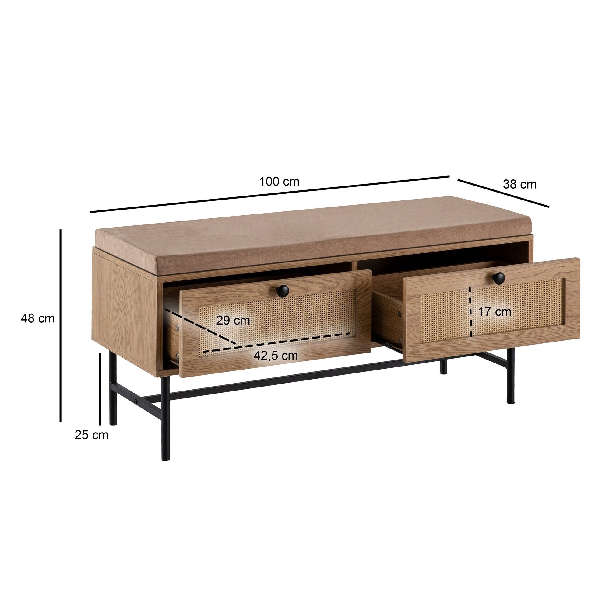 KADIMA DESIGN Sitzbank Schuhbank mit Stoff-Sitzfläche 100x48x38 cm Garderobenbank (Stauraum, Flurbank Flurmöbel mit Schubladen), Eiche-Dekor, Sitzbank Rattan Klein Gepolstert, Bank Schmal Flur mit