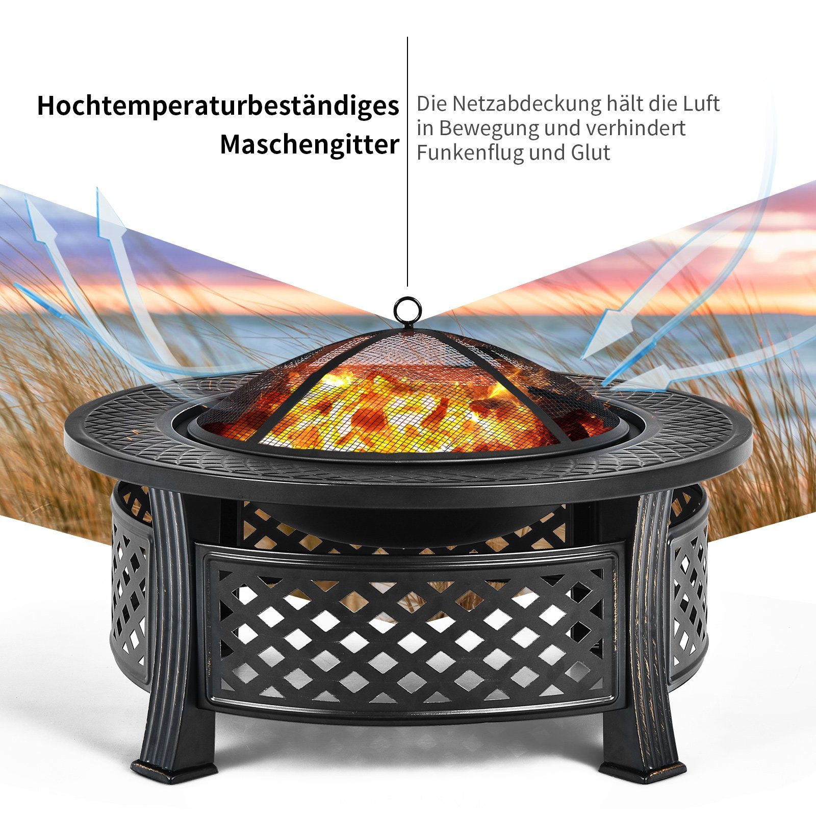 COSTWAY Feuerschale, mit Funkenschutz, Grillplatte & Schürhaken, 81cm, Metall