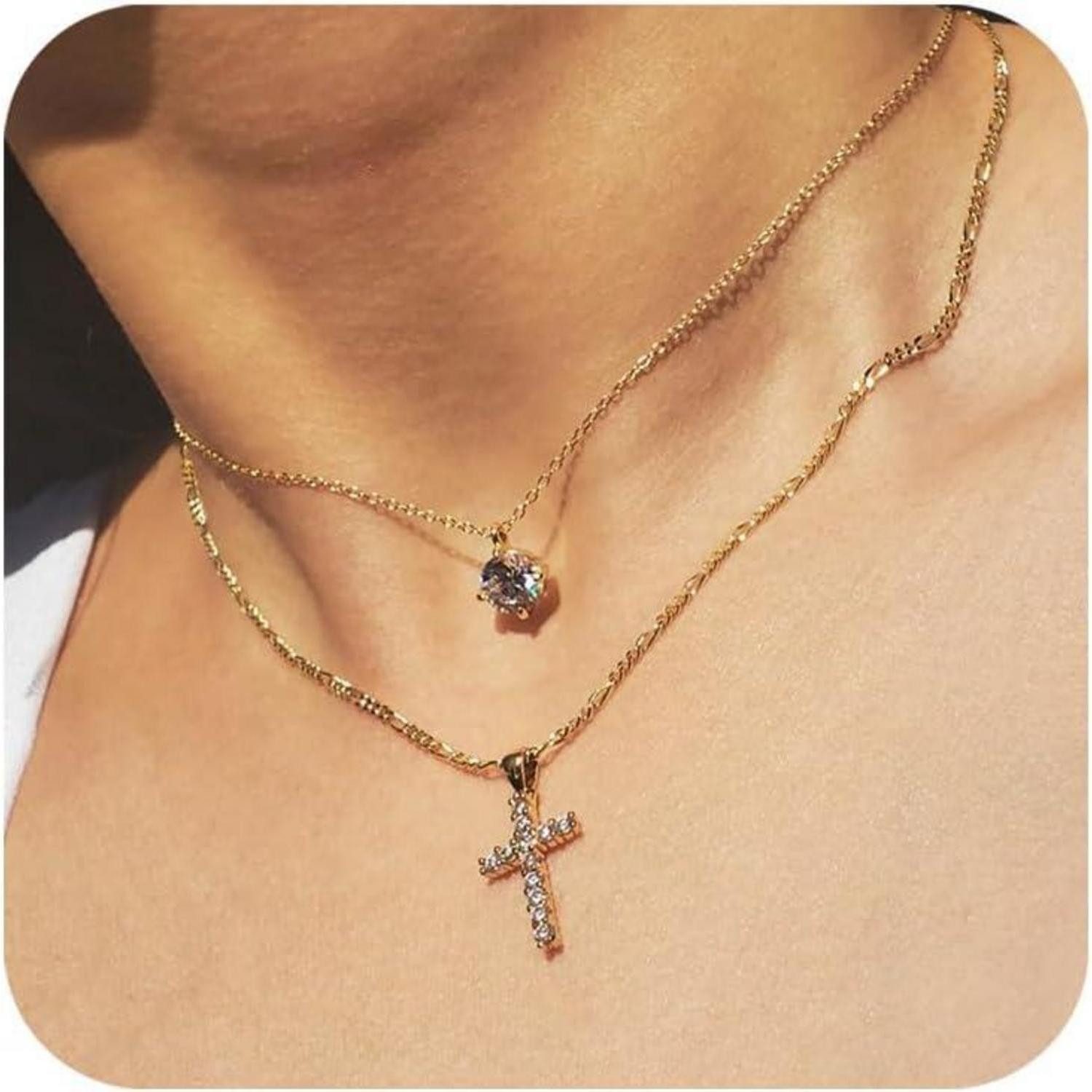 LuxusKollektion Kreuzkette Gold vergoldete Kreuzkette Damen 14K Layered Kristallmodeschmuck