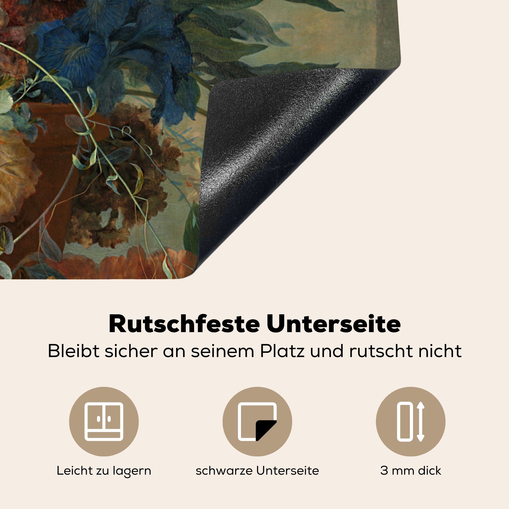 MuchoWow Herdblende-/Abdeckplatte Stilleben - Gemälde tlg), küche von van Vinyl, (1 Jan Arbeitsplatte Ceranfeldabdeckung, Huysum, mit Blumen für cm, 78x78