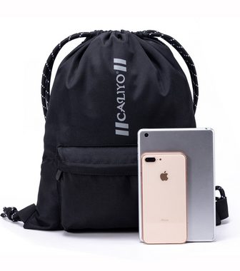 TAN.TOMI Sporttasche Turnbeutel schwarz mit Kordelzug Sportbeutel Sportrucksack (Hochwertiges Nylon, wasserdicht), mit Reißverschlusstaschen Innen und Reißverschluss-Vordertasche