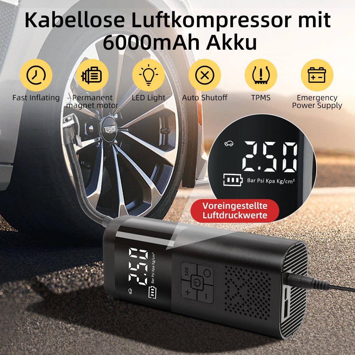 Greensky Elektropumpe Elektrische Akku Luftpumpe Fahrradpumpe, 6000 mAh  USB-Powerbank, 150 PSI Luftpumpe mit Manometer für Auto Fahrrad Motorrad  Bälle