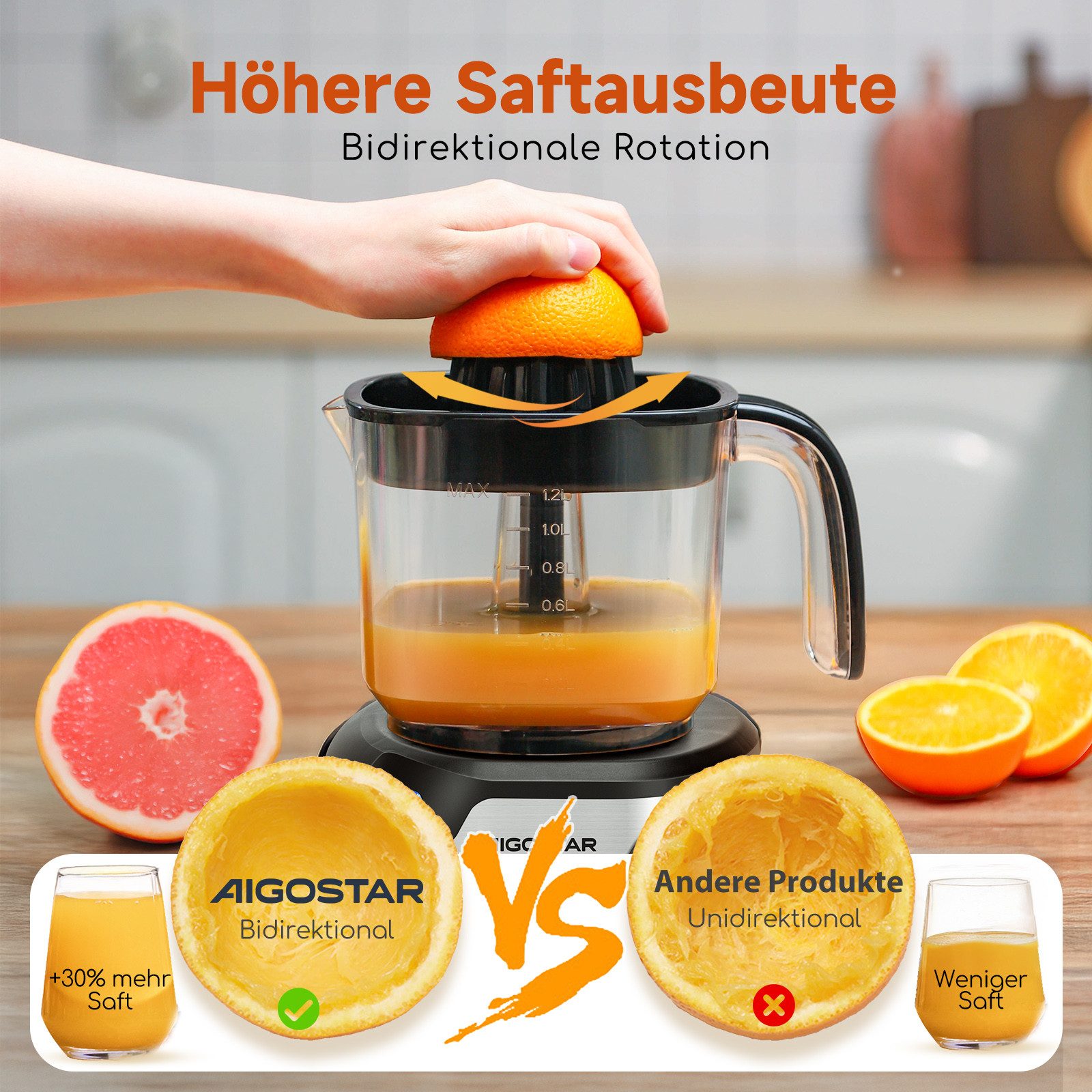 Aigostar Entsafter Saftpresse Elektrisch 2 Kegel, Orangenpresse, Zitruspresse, 40,00 W, Hohe Saftausbeute, Tropfsicherer Auslauf, 100% reiner Saft, BPA-frei
