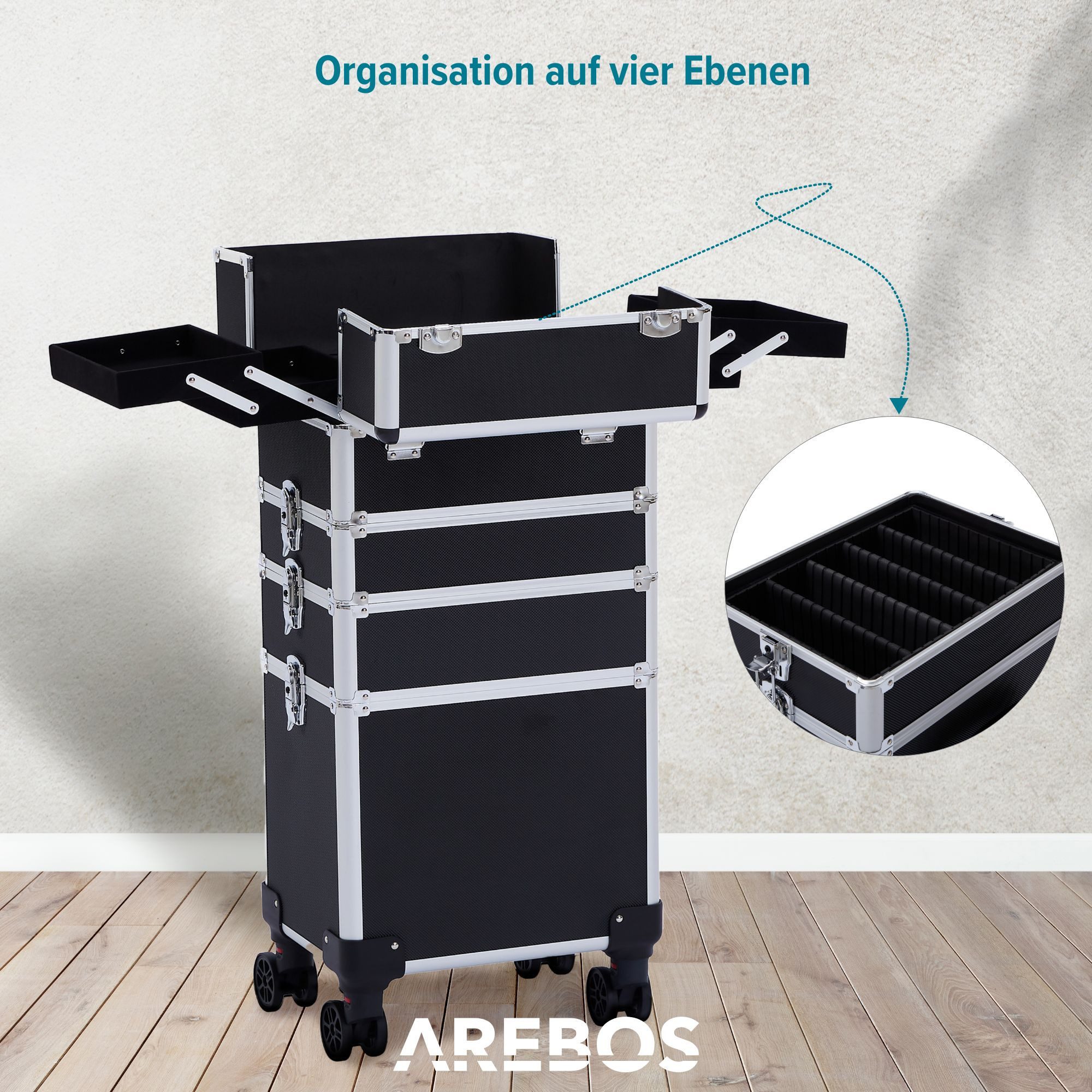 Arebos Kosmetikkoffer Schminkkoffer Beautykoffer Pilotenkoffer Friseurkoffer XL, Maße: 35 x 25 x 75 cm – Bild 5 von 5