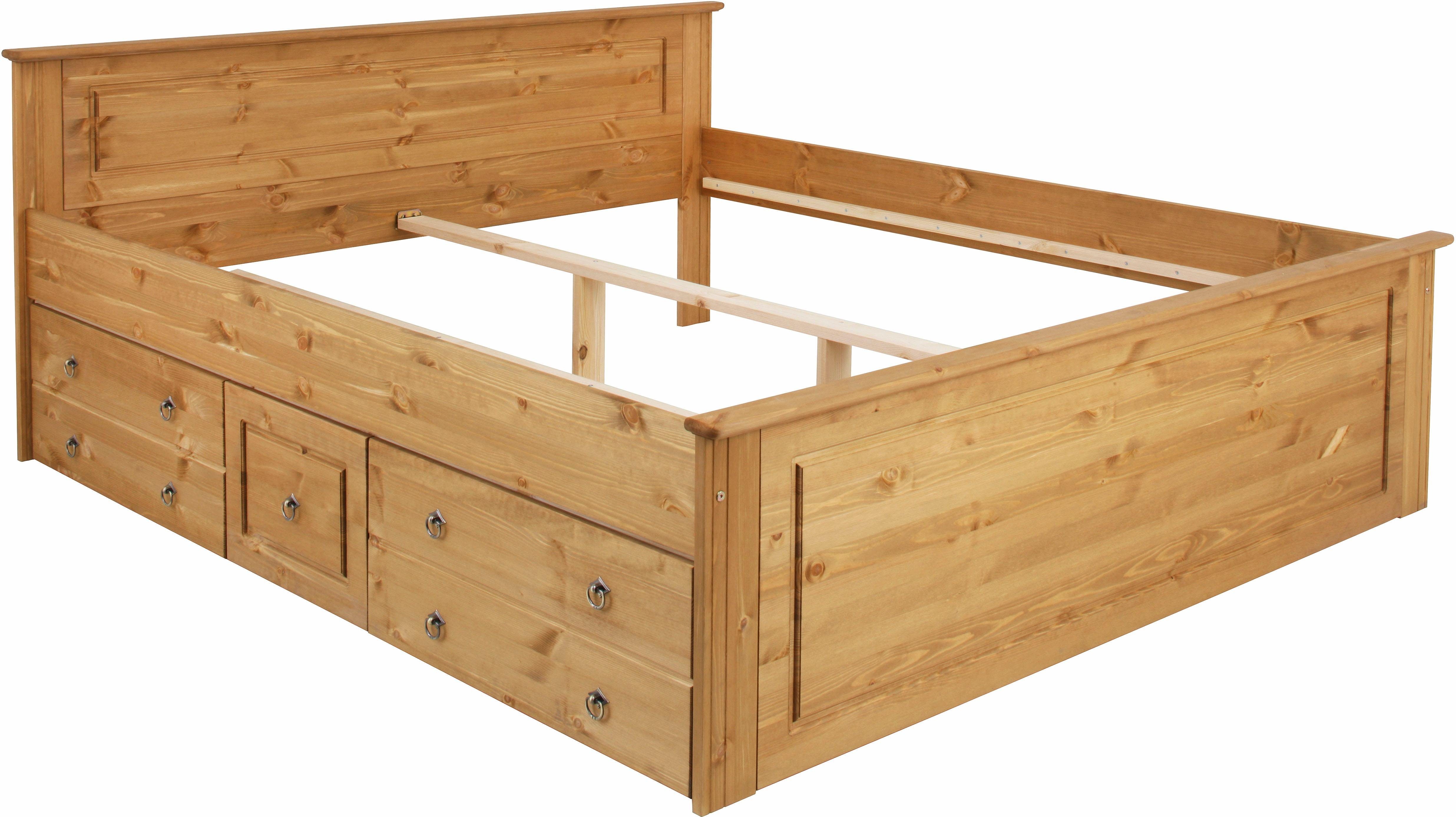 OTTO home Massivholzbett Hugo, hohe Belastbarkeit! FSC® zertifiziertes Massivholz, Landhausstil (Breite/Belastbarkeit 180cm/200KG, 140cm/180KG), Stauraumbett aus massiver Kiefer