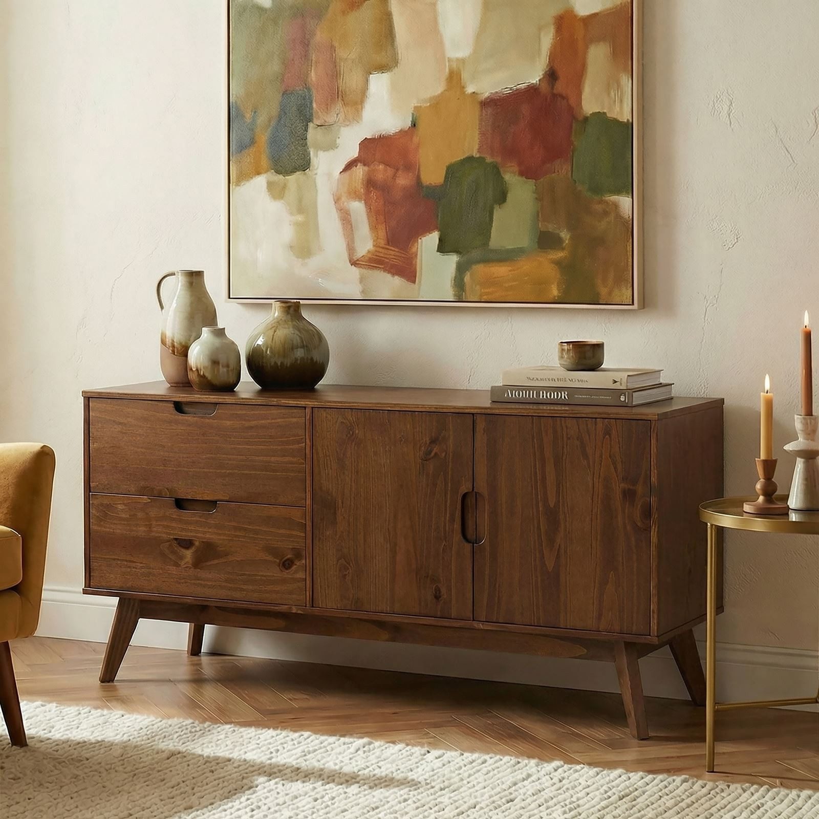 IDIMEX Sideboard TIVOLI, Skandi Anrichte aus Massivholz, Kastanien farben, mit 2 Türen und 2 Sc