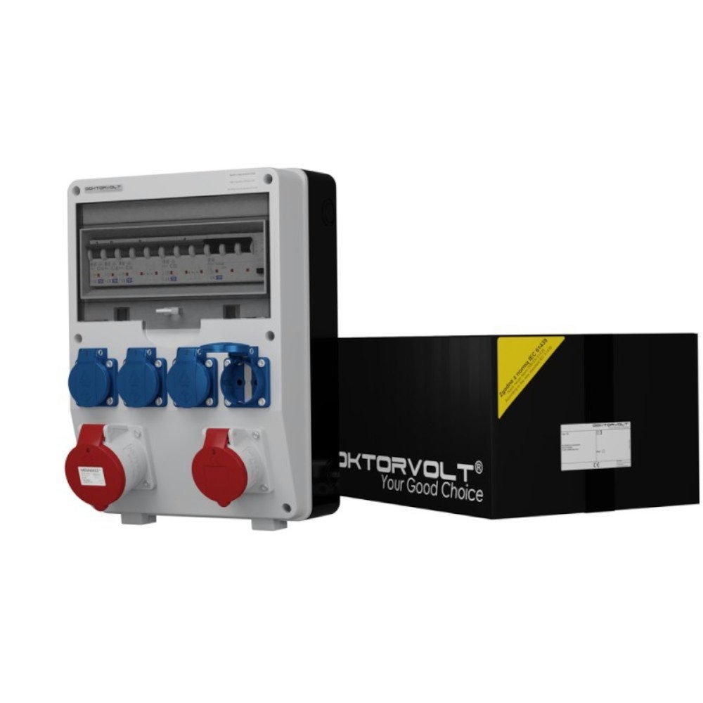 Doktorvolt Stromverteiler TD-S/FI 16A 32A 4x230 Wandverteiler mit Mennekes Dosen Steckdosenverteiler 6-fach (1x LSS C16A 3P 10kA VDE, 1x LSS C32 3P 10kA VDE, 2x LSS C16A 1P 10kA VDE, Fi-Schalter 40A 30mA 4P Typ A), ausgestattet mit Mennekes-Steckdosen