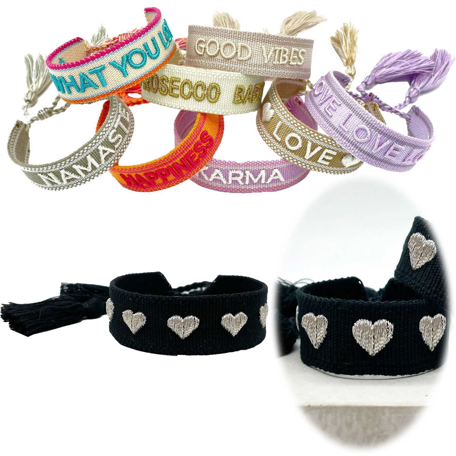 LS-LebenStil Armband Canvas Statement Armband Herzen  Schwarz Silber Quasten bestickt (Baumwollarmband Webarmband Armbandliebe Freundschaftsarmband Freundschaftsband Partnerarmband, 1-tlg., textil geflochten gewebt - hochwertiger gestickter Spruch), perfekt als Serviettenring – personalisiert auch für Hochzeiten usw