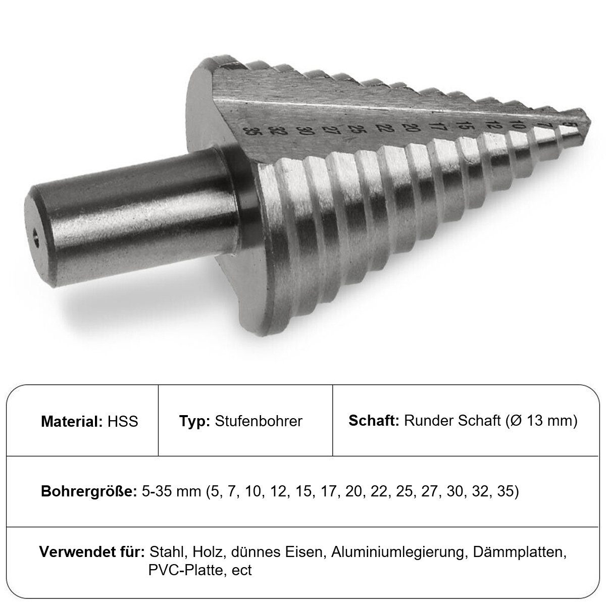 götäzer Bohrer- und Bit-Set 5-35 Poly mm Titanschichtung Holzblöcken, Diamond, Diamond Multi-High-Schnell-Stahlstahl-Treppen (1-tlg), von Diamant -Stanze