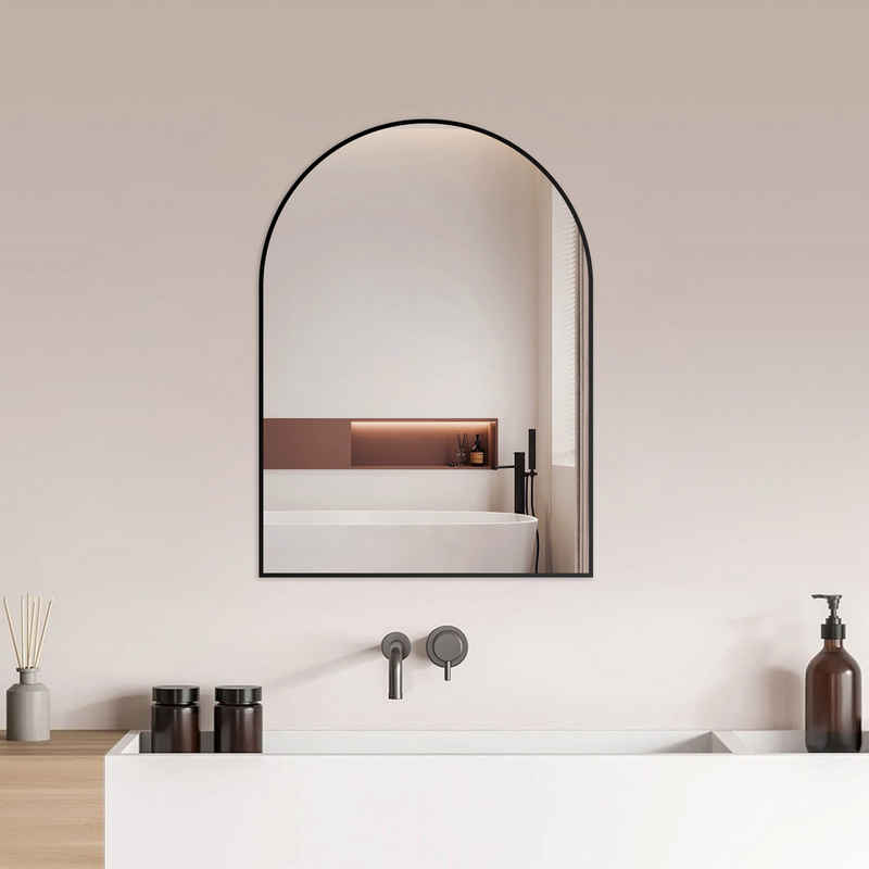 Hopibath Badspiegel mit Alurahmen Wandspiegel Schwarz (Rundbogen, 60x80, 50x70cm), 5mm Bleifreier Spiegel, mit explosionsgeschützte membran