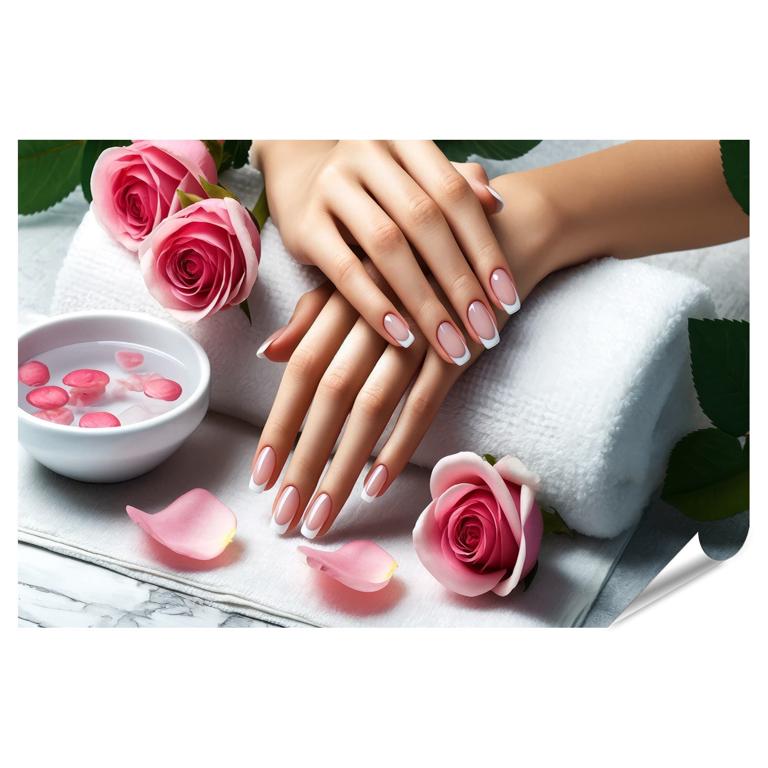 Wandbild Sanft gepflegte Hände mit rosa und weißen French Nails Nagelstudio