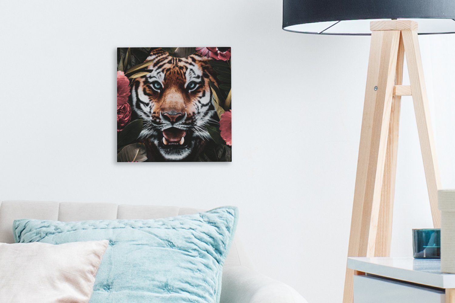 OneMillionCanvasses® Leinwandbild Tiger - St), Schlafzimmer - Blumen Leinwand Wohnzimmer (1 Dschungel, für Bilder