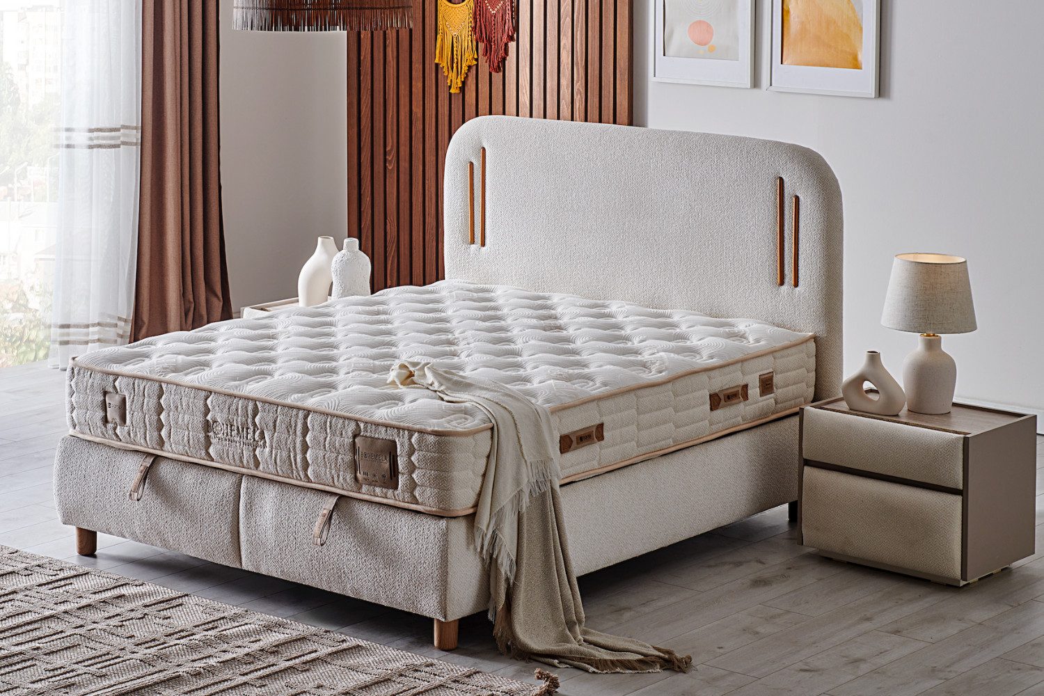 BAMBI YATAK Boxspringbett mit Matratze & Stauraum, Bambi Bohemela, Bett mit Bettkasten (1 x H3 Mittelfest Matratze, 2 x Bettkasten, 1 x Bettkopfteil), Bett mit 7-Zonen Taschenfederkernmatratze