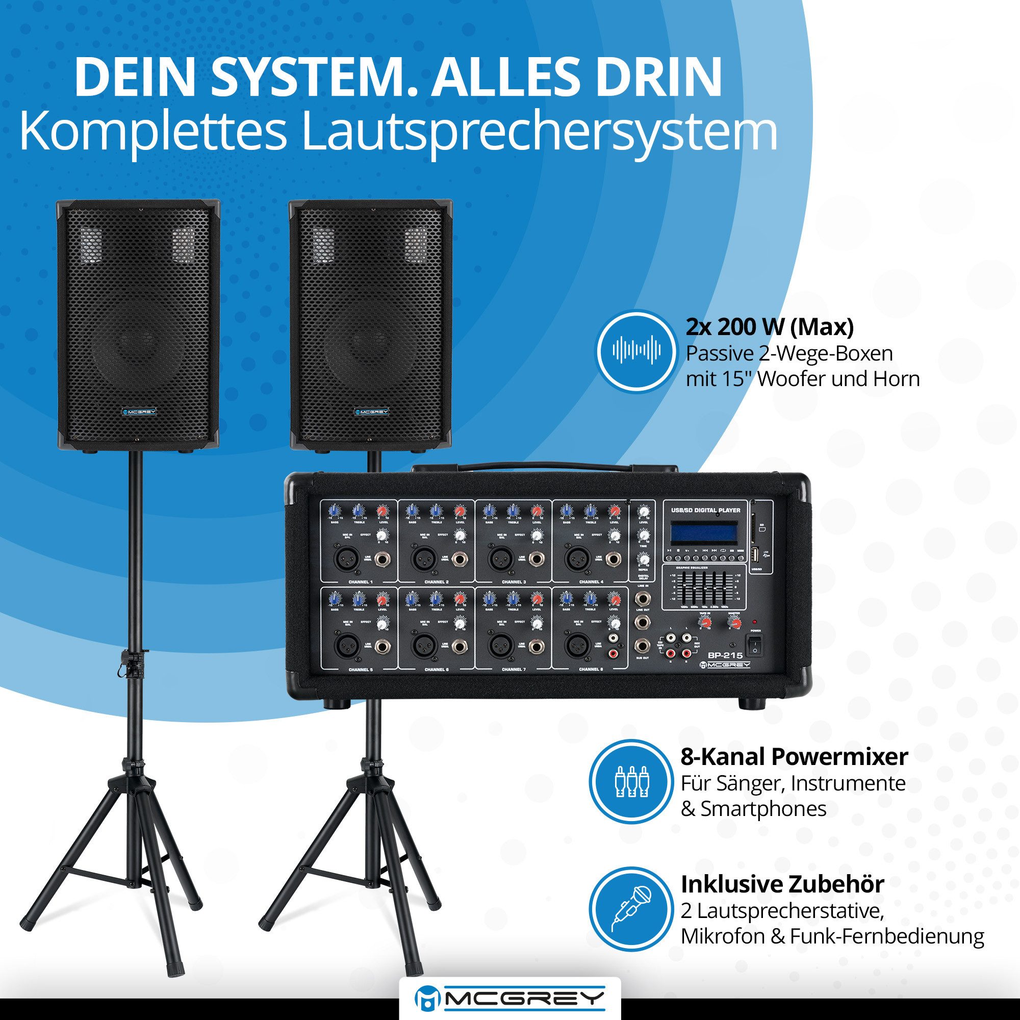 McGrey BP-215 Bandpack PA-Anlage Lautsprechersystem (Bluetooth, 150 W, inkl. 4-Kanal Powermixer - USB/SD-Slot - Mikrofon, Kabel & Stative)