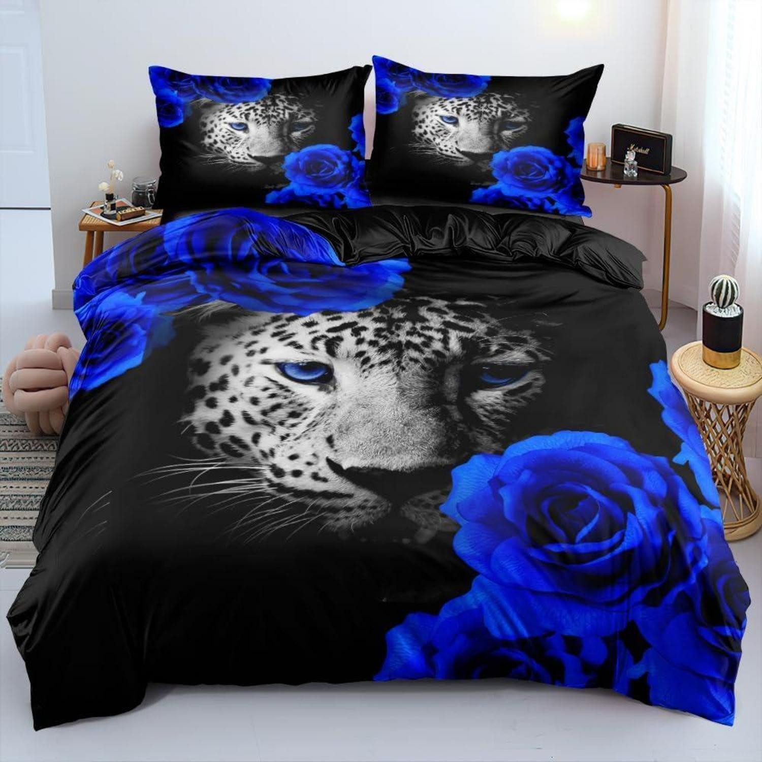 LuxusKollektion Wendebettwäsche Bettwäsche 155x220 Leopard 3D Blau Blumen, 3 teilig