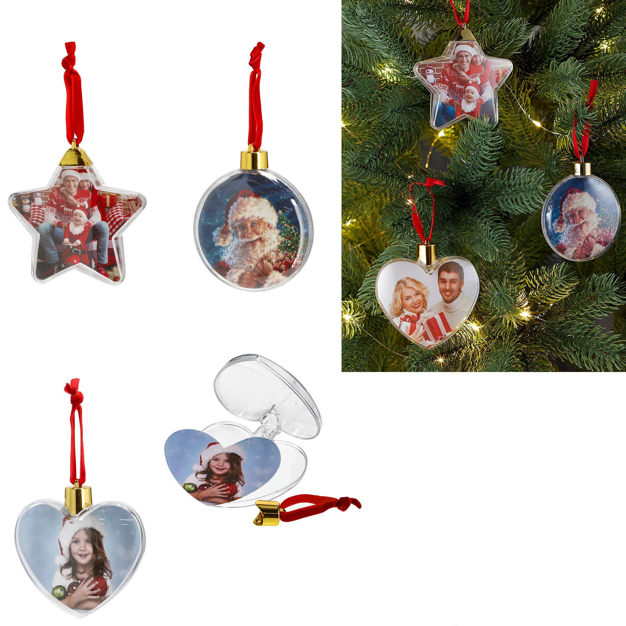Annastore Weihnachtsbaumkugel 6 x Weihnachtskugeln zum Hängen für eigene Fotos Ø ca. 9 cm (6 St), Christbaumkugeln für Fotos, Geldgeschenke, DIY Baumkugeln