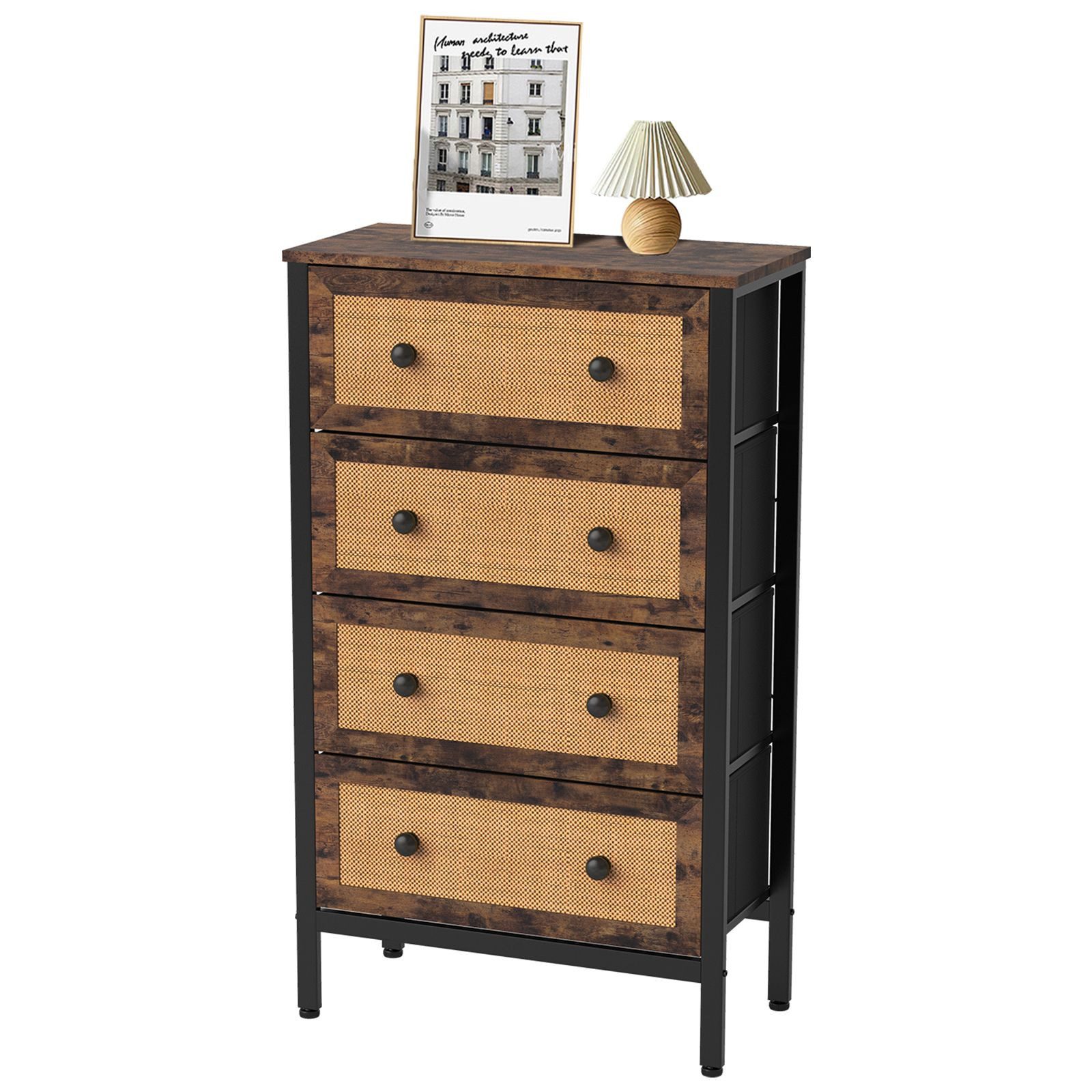 Allyson Kommode Vintage Stoffkommode aus Holz und Leder, Kommode mit 5 Schubladen, Besonders Robuste Kommode