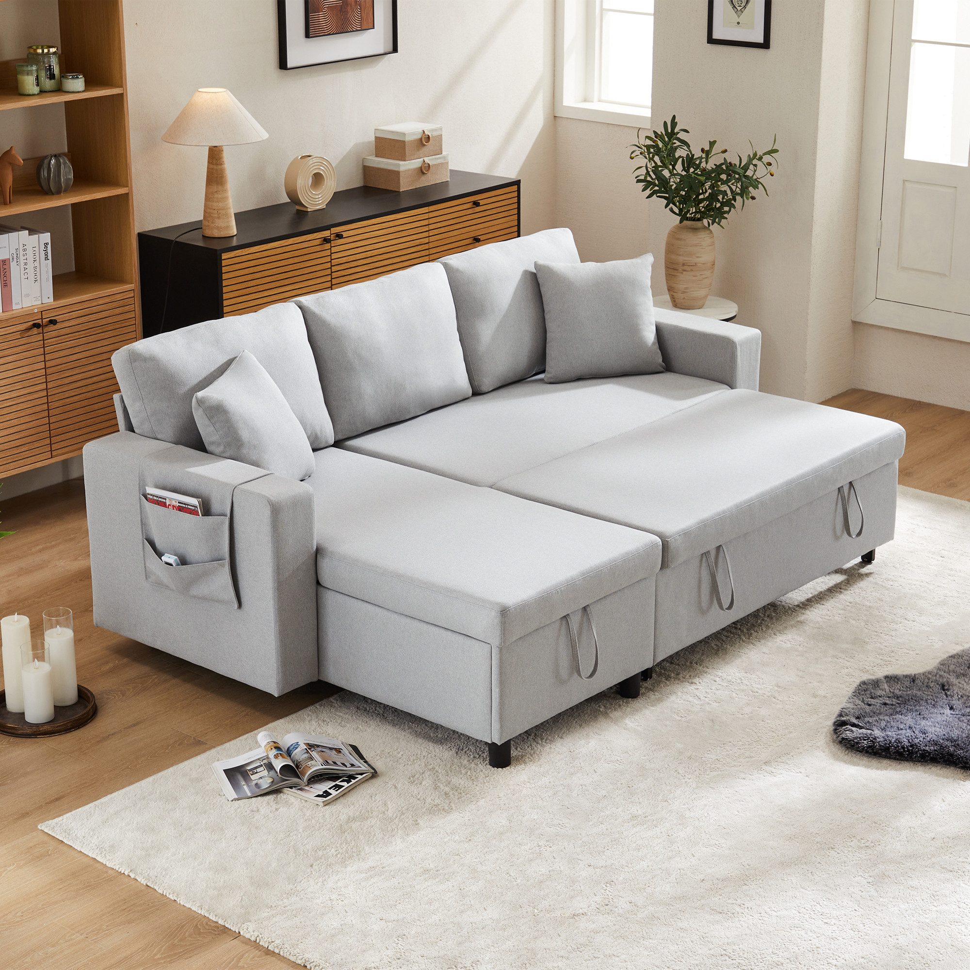Merax 3-Sitzer mit Seitentasche, Wohnlandschft mit Schlaffunktion,Ecksofa m günstig online kaufen