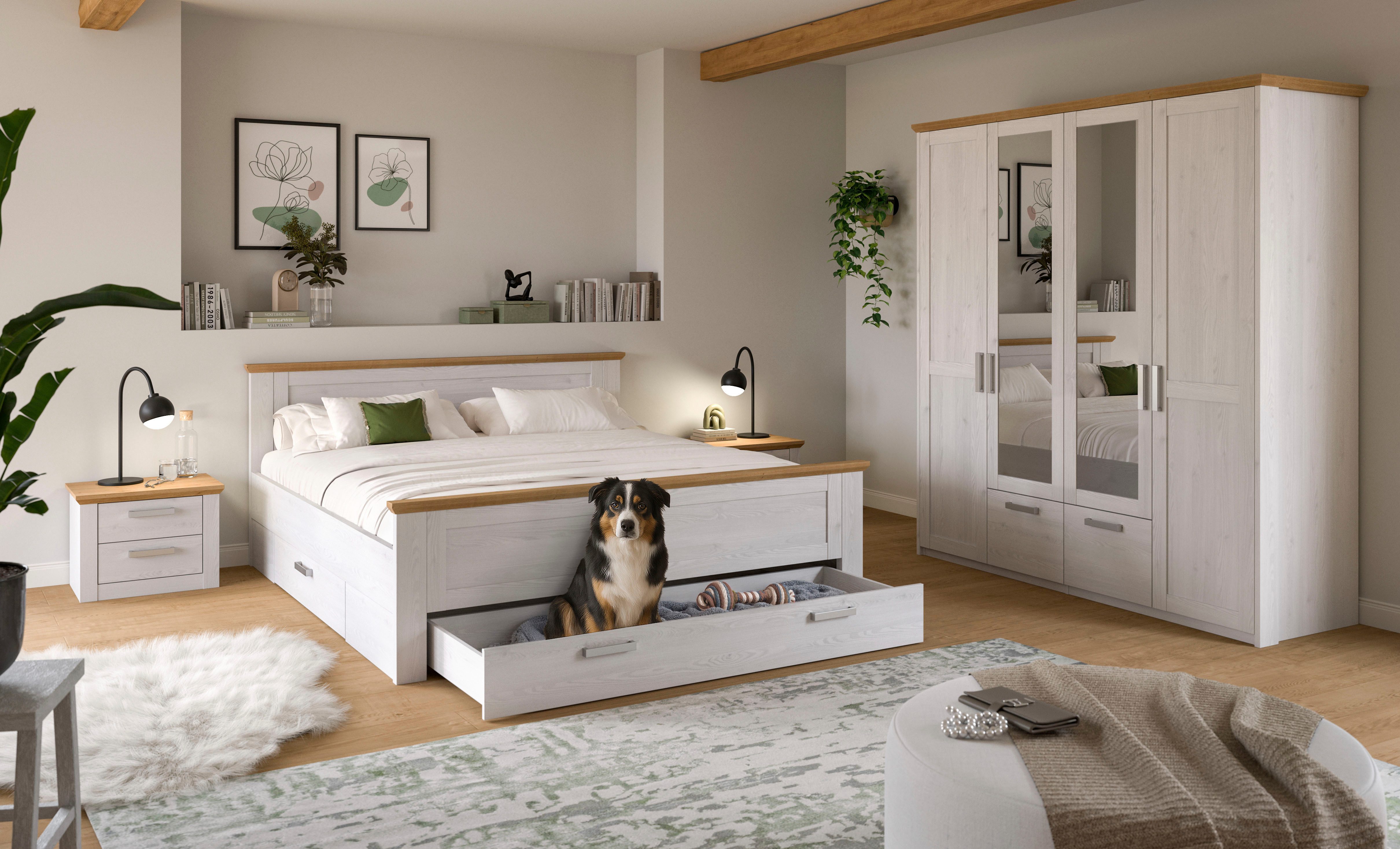 Home affaire Schlafzimmer-Set COSENZA, 4-teilig, Kleiderschrank, Bett & 2x Nachttische, (4-tlg., Matratzengröße 180x200 cm, viel Stauraum, ohne Lattenrost & Mat – Bild 4 von 5
