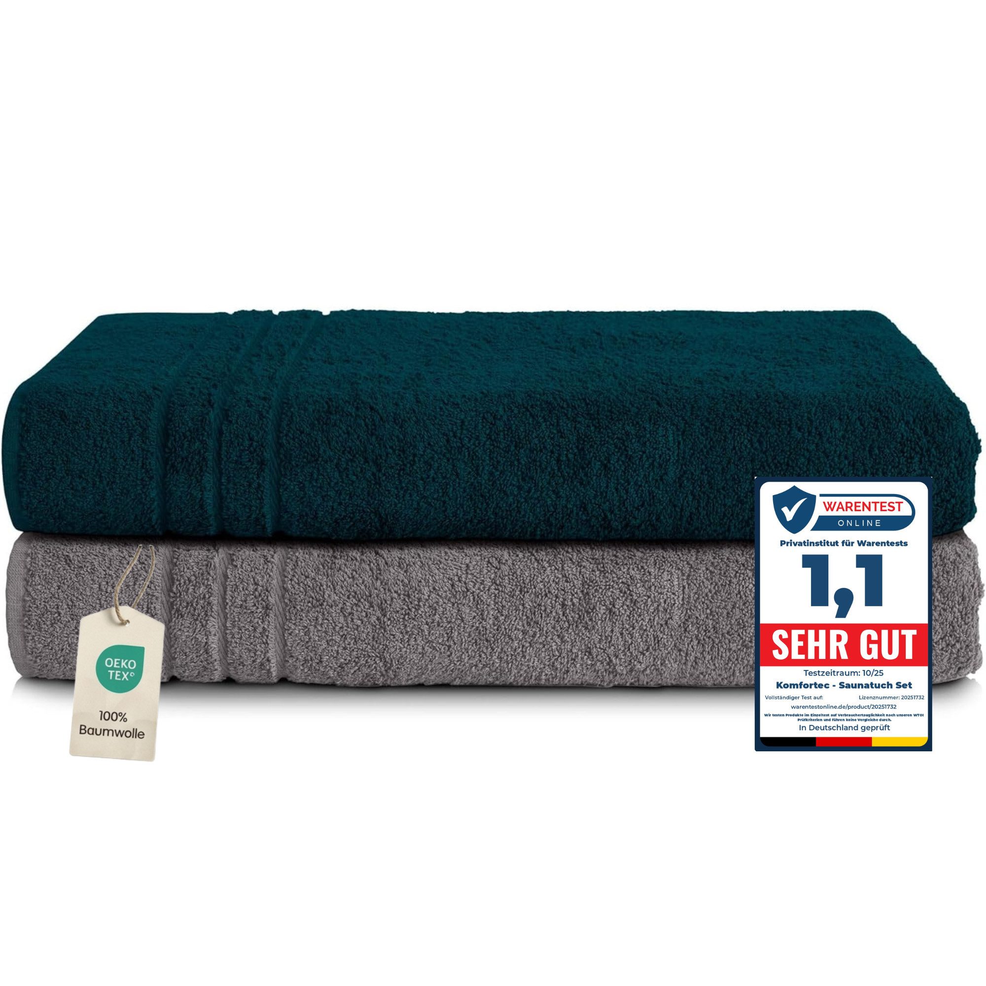 Komfortec Saunatuch Frotte aus 100% Baumwolle, Frottee (Packung, 2-St), 80x200 Saunatücher set XXL, Weich, Schnelltrocknend