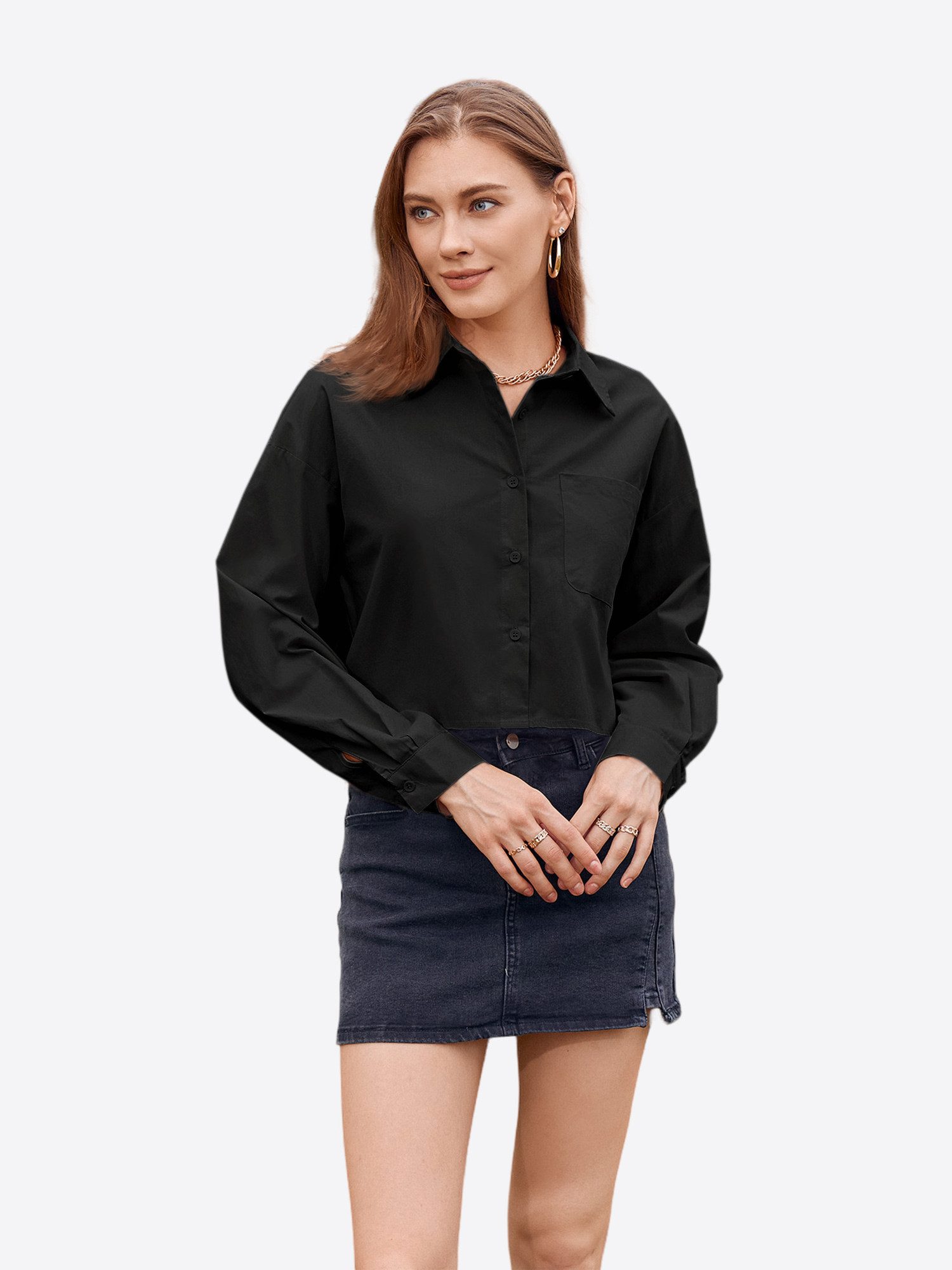 Imily Bela Blusenshirt Damen Cropped Shirt Casual Oberteil (Packung, 1-tlg., 1per-Pack) aus Baumwolle mit Hemdkragen und Knopfleiste – Bild 4 von 5
