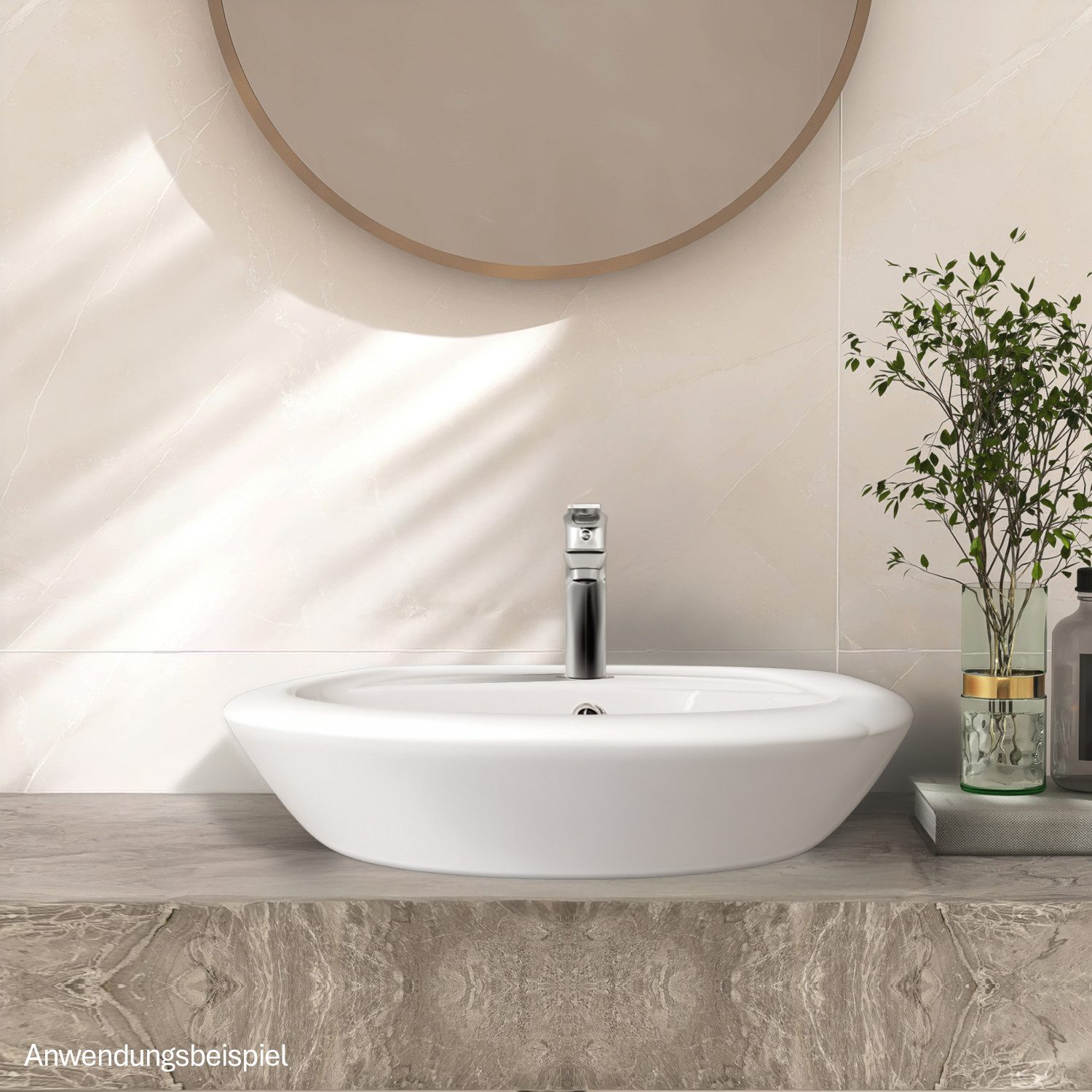 Stabilo Sanitär Waschbecken Hängewaschbecken weiß halbrund 46,5 cm aus Keramik mit Armaturenbank (Komplett-Set, mit Komplettset inkl. Abflussrohr und Abflusssto – Bild 3 von 5