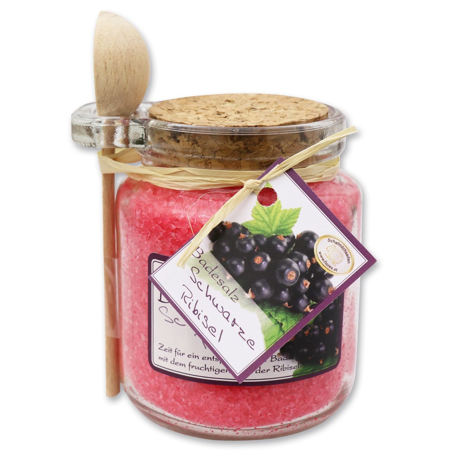 Gerlinde Hofer _ Florex GmbH Badezusatz B1420SR schwarze Ribisel, 1-tlg., Badesalz mit Bio Schafmilch im Glas mit Holzlöffel 300 g