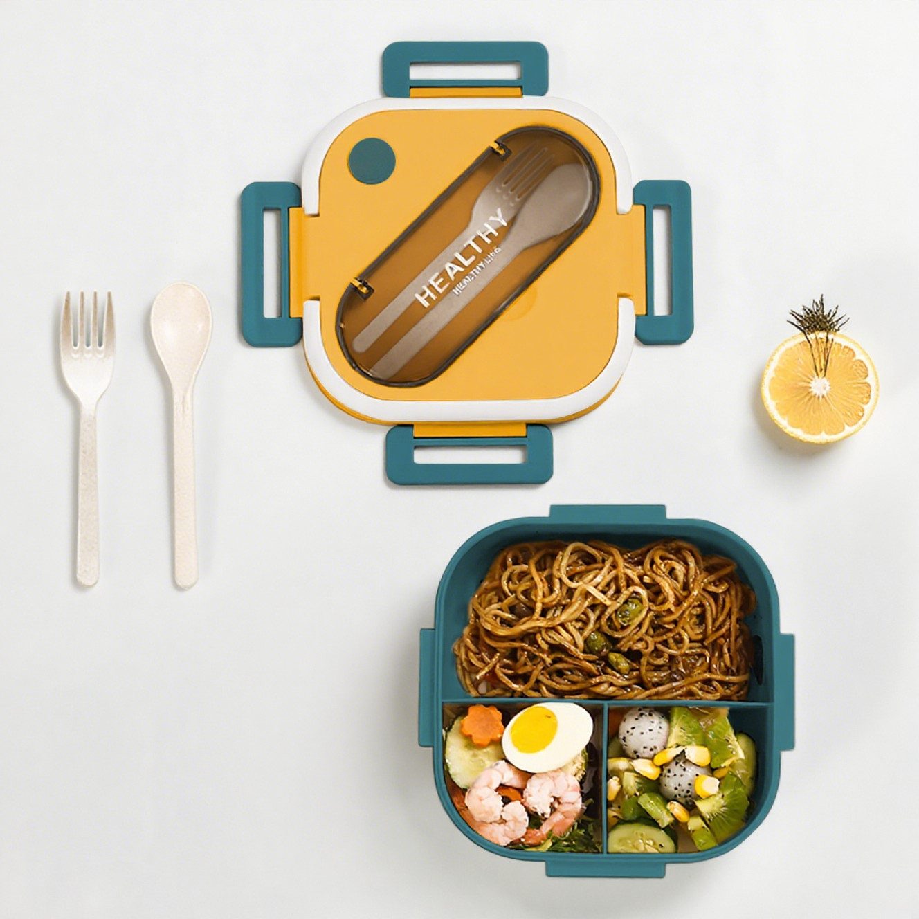 FANNOU Lunchbox Lunch-Behälter (3 Fächer), Auslaufsicher & BPA-frei-mit Besteck, für Kinder und Erwachsene Brotdose mit Fächern