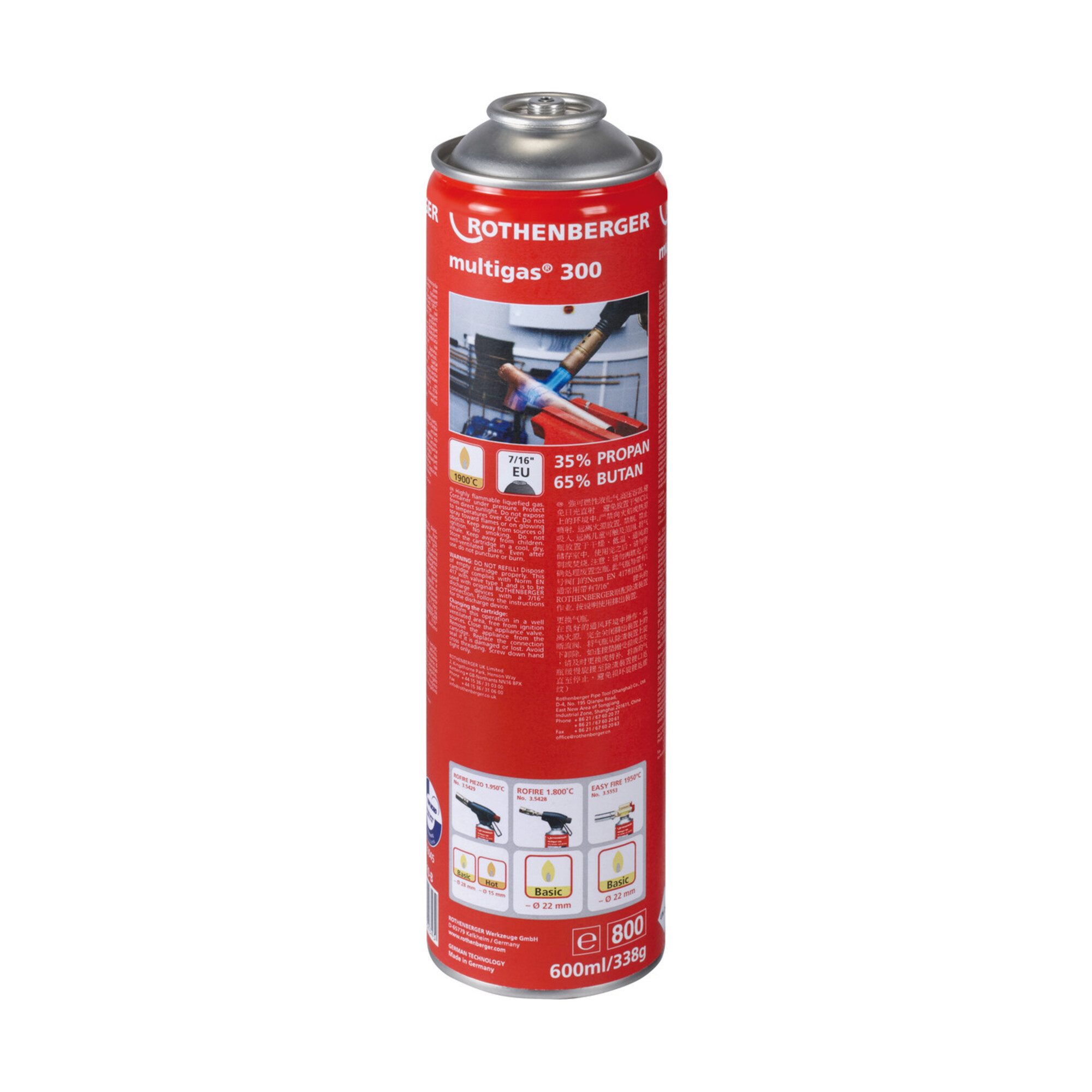 Rothenberger Lötkolben Rothenberger Multigas 300 Gaskartusche, 7/16"-EU, Sprachversion A