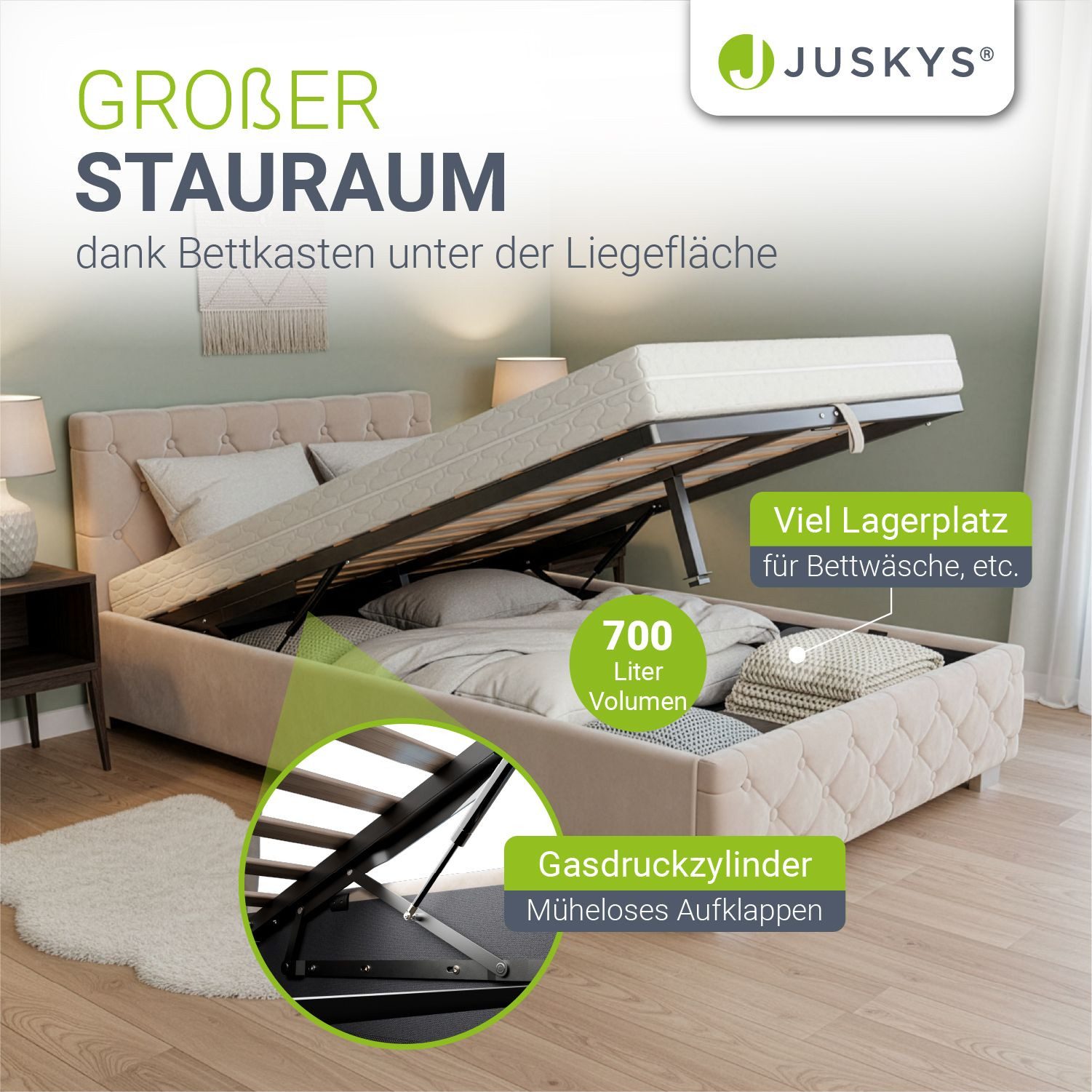 Juskys Polsterbett Nizza, 120x200 cm, LED Licht, Stauraum, Samtbezug, inkl. Matratze