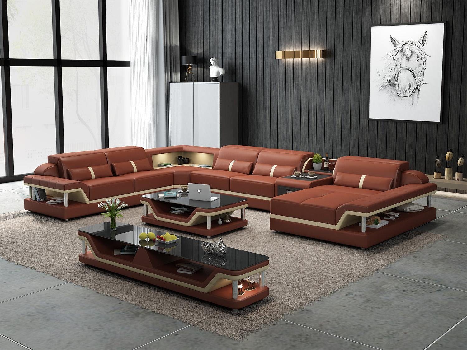 Ecksofa mit USB Orange/Weiß Sofa Designer Ecksofa, JVmoebel Couch U-Form Wohnlandschaft