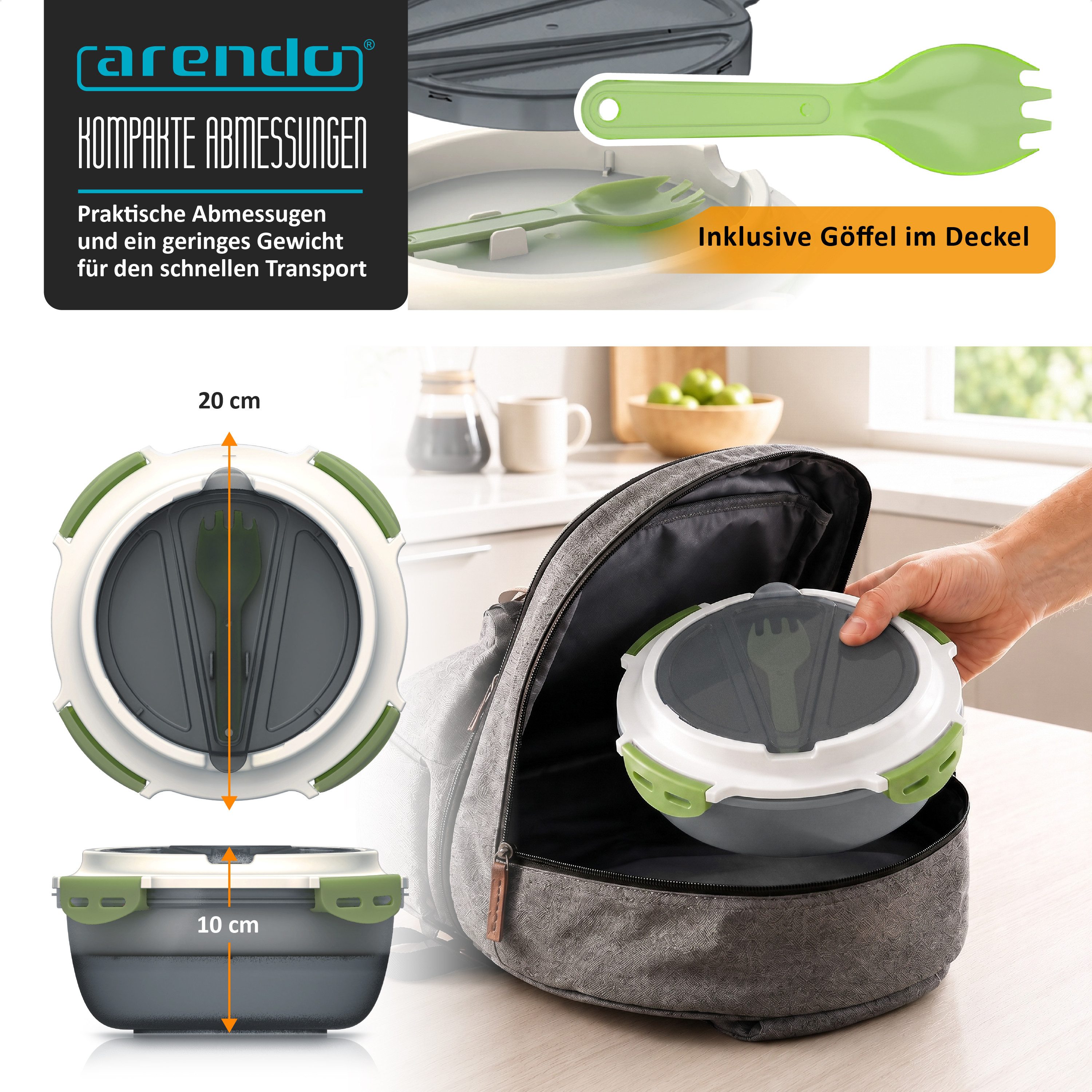 Arendo Lunchbox Meal Prep Box 1,2l, rund, luftdicht, Brotdose mit Trenntablett & Spork, Kunststoff, (1-tlg., 2 Trennstege, 2 Silikondichtungen), auslaufsicher, Silikondichtung, Saucenbox, spülmaschinengeeignet